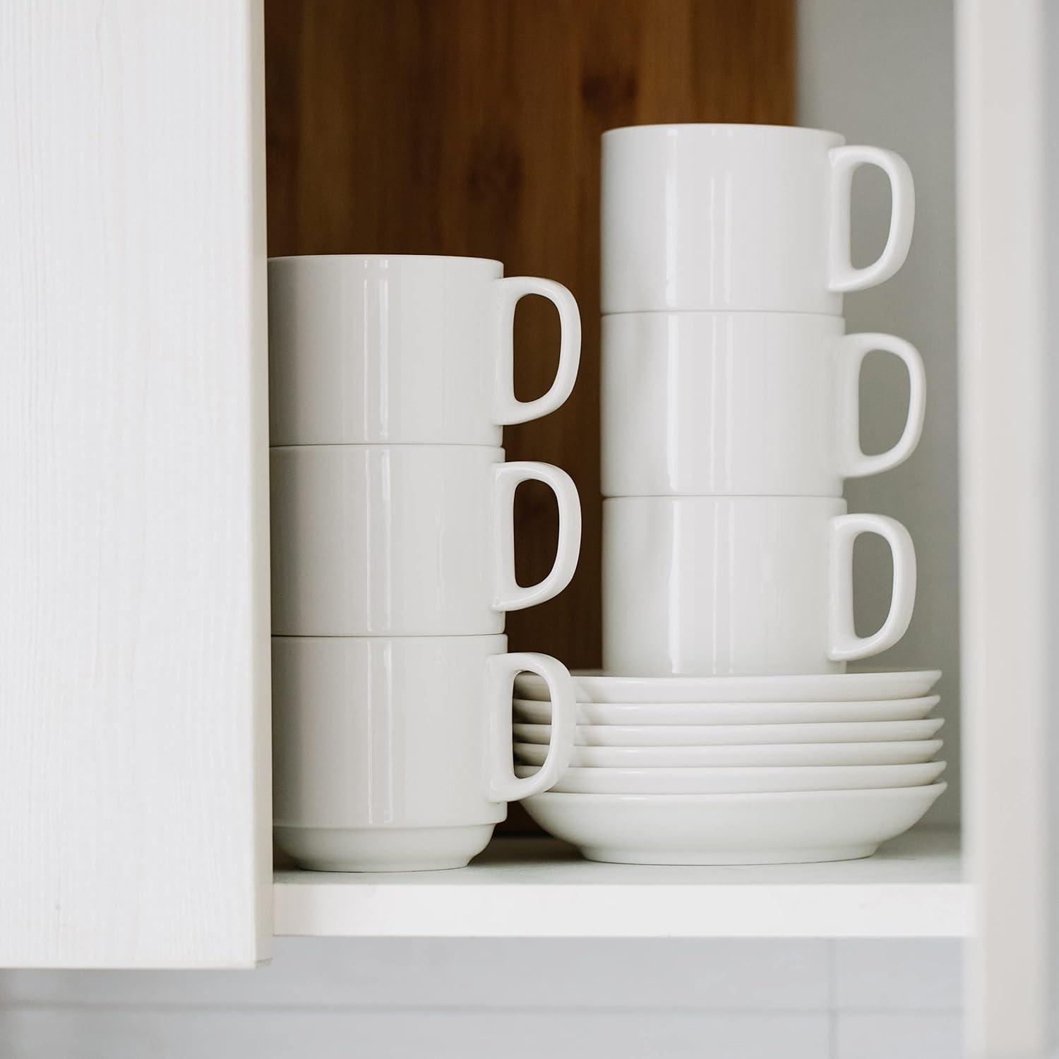 White Porcelain Stackable Tea Cups and Saucers Set of 6