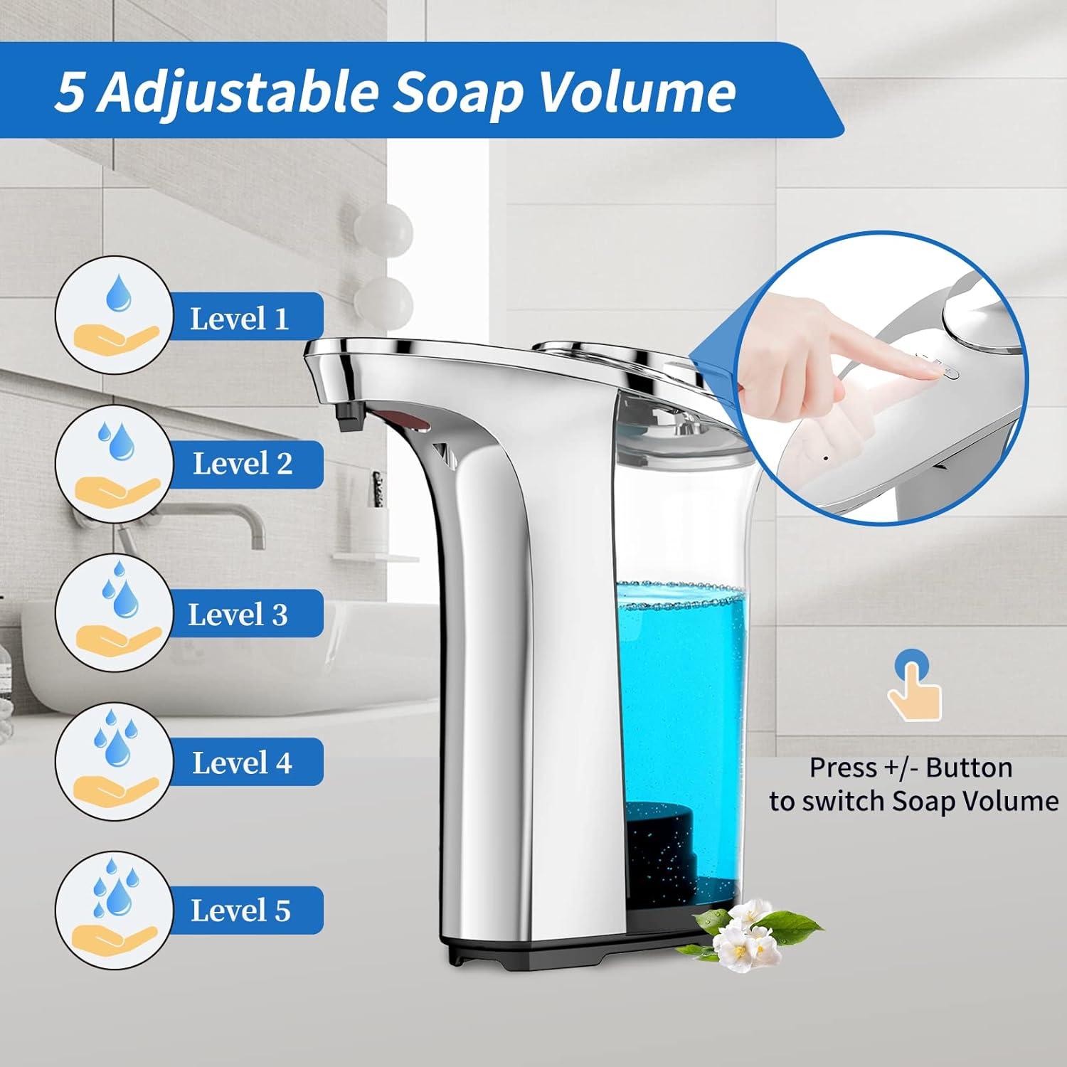 FKWin Automatic Soap Dispenser, Touchless Hand Soap Dispensers 17oz/500ml with 5 Adjustable Soap Levels, Kitchen Soap Dispensers, Liquid Hand Soap Dispenser Bathroom, Silver