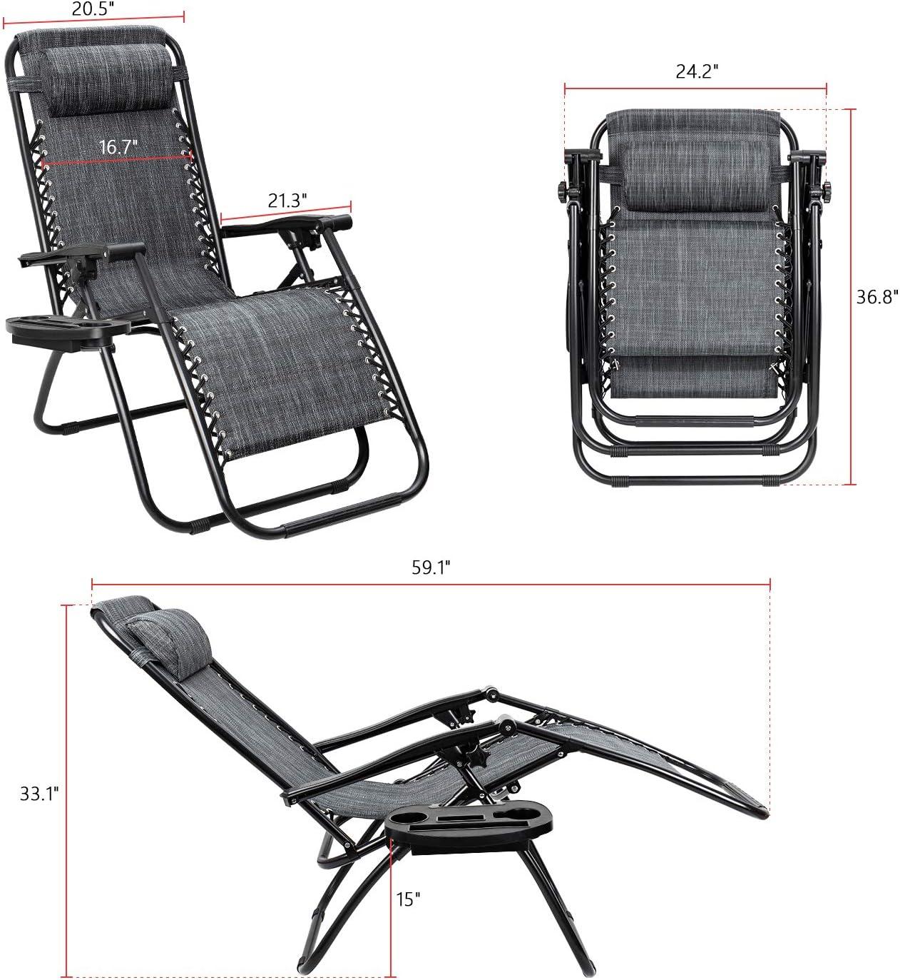 Adjustable Gray Steel Outdoor Zero Gravity Recliner Chairs with Pillow