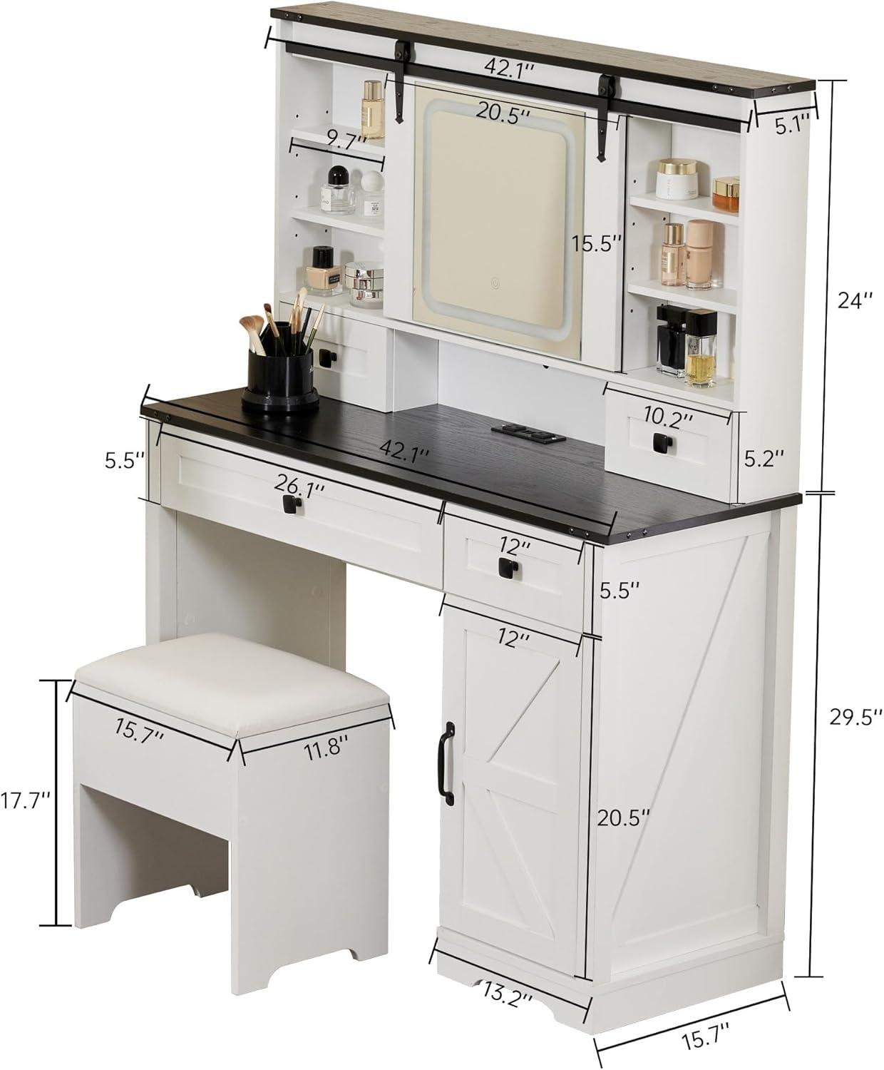 Farmhouse 42'' Makeup Vanity Desk with lighted Sliding Mirror,Tabletop Dresser,2 Drawers & Shelves, Stool Included. Black
