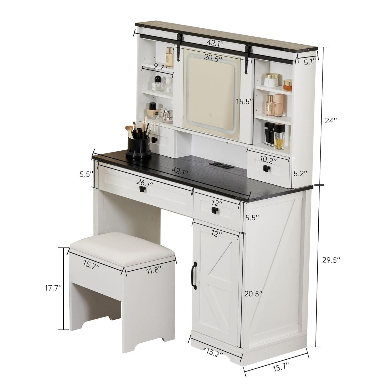 Farmhouse 42'' Makeup Vanity Desk with lighted Sliding Mirror,Tabletop Dresser,2 Drawers & Shelves, Stool Included. Black