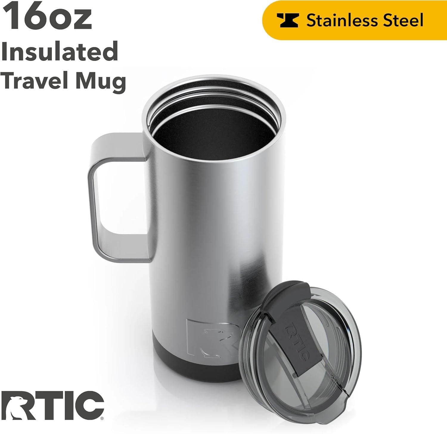 RTIC 16 oz Coffee Travel Mug with Lid and Handle, Stainless Steel Vacuum-Insulated Mugs, Leak, Spill Proof, Hot Beverage and Cold, Portable Thermal Tumbler Cup for Car, Camping