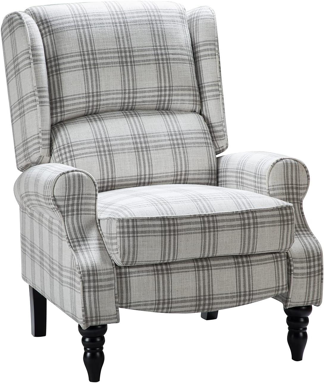 Grey Plaid Upholstered Wingback Recliner with Black Rubber Wood Legs