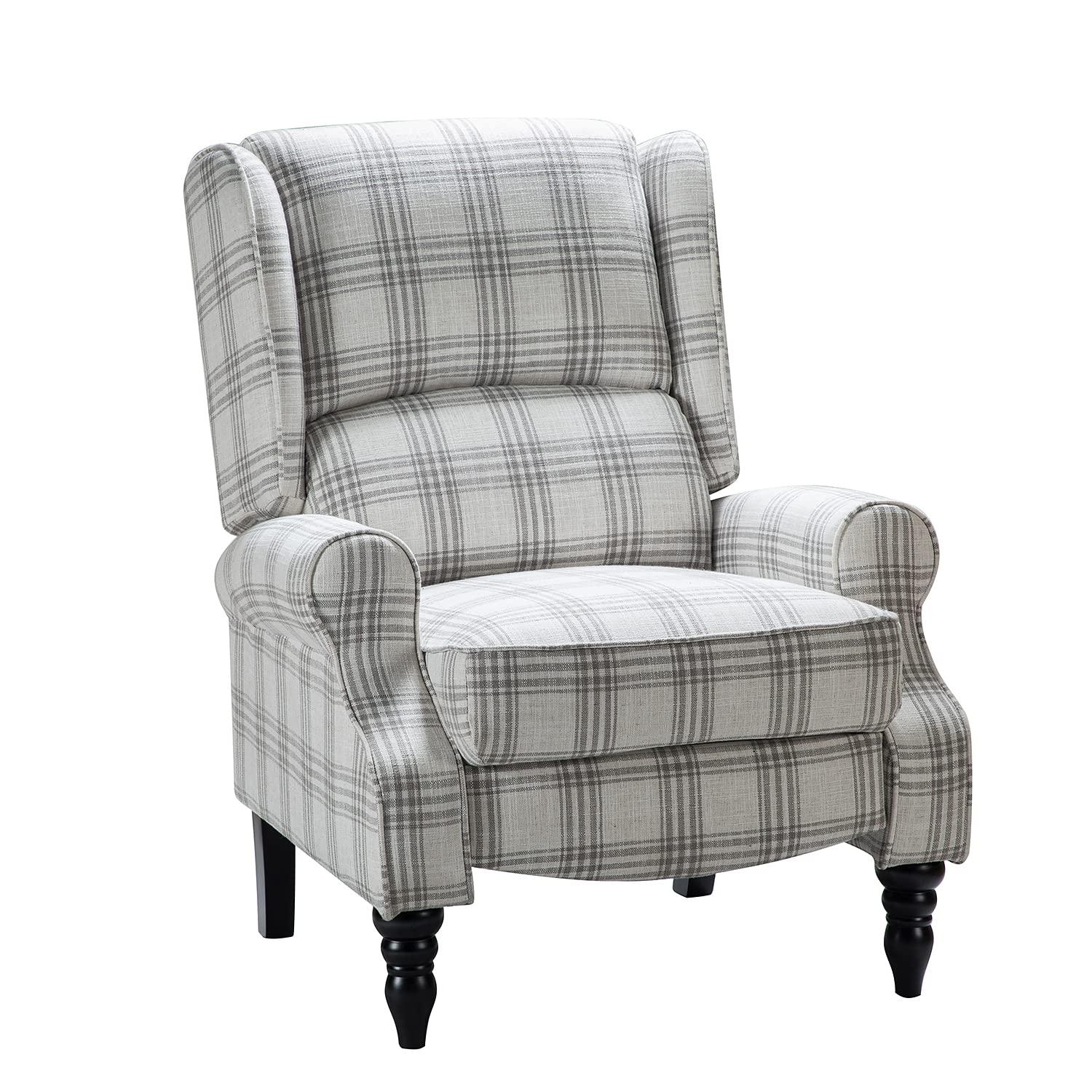 Grey Plaid Upholstered Wingback Recliner with Black Rubber Wood Legs