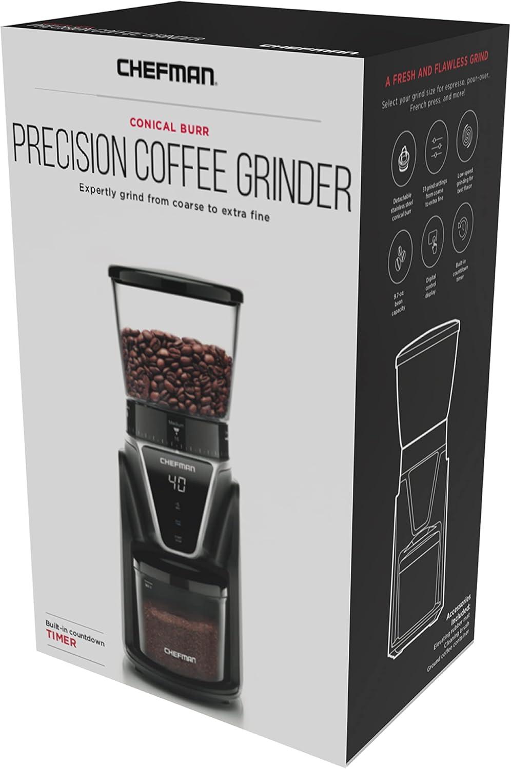 Chefman Conical Burr Precision Coffee Grinder, 9.7 oz. Bean Capacity, Black