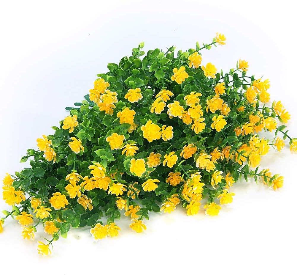 Baumaty 6 Bundles Outdoor Artificial Flowers UV Resistant Boxwood Plants, Greenery for Indoor Outside Hanging Garden Porch Window Box Home Wedding Farmhouse Decor (Yellow)