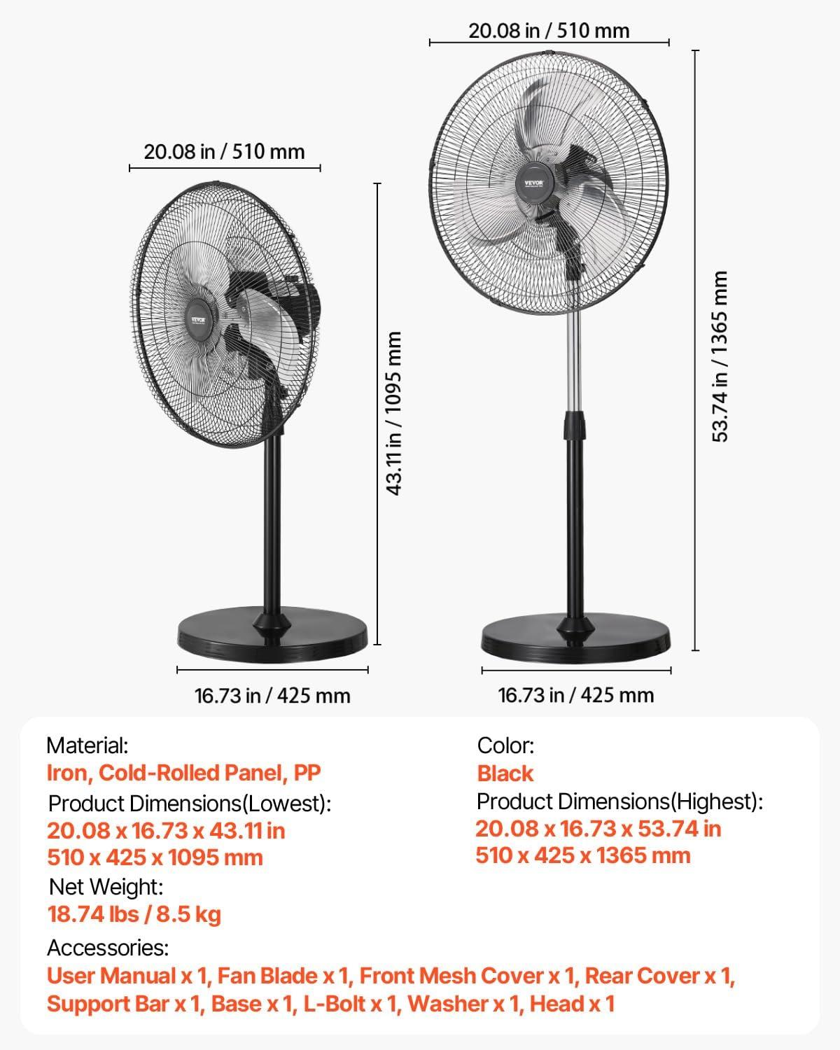 Vevor GYLSFS16INCH0LFIYV1 16 in. 3-Speed Industrial Pedestal Fan Oscillating Height Adjustable - Silver