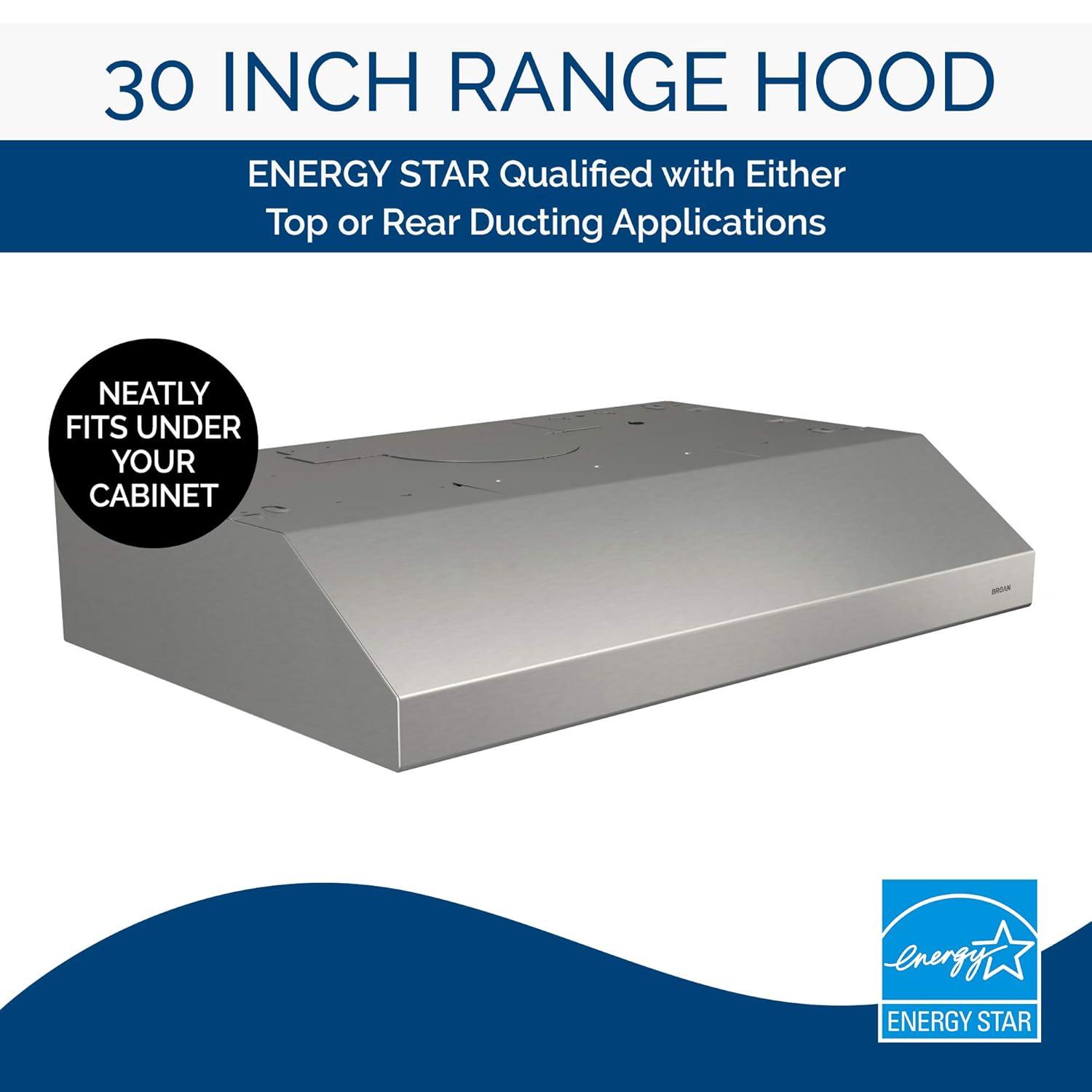 Broan NuTone 30" Stainless Steel 300 CFM Convertible Under Cabinet Range Hood with Mesh Filter
