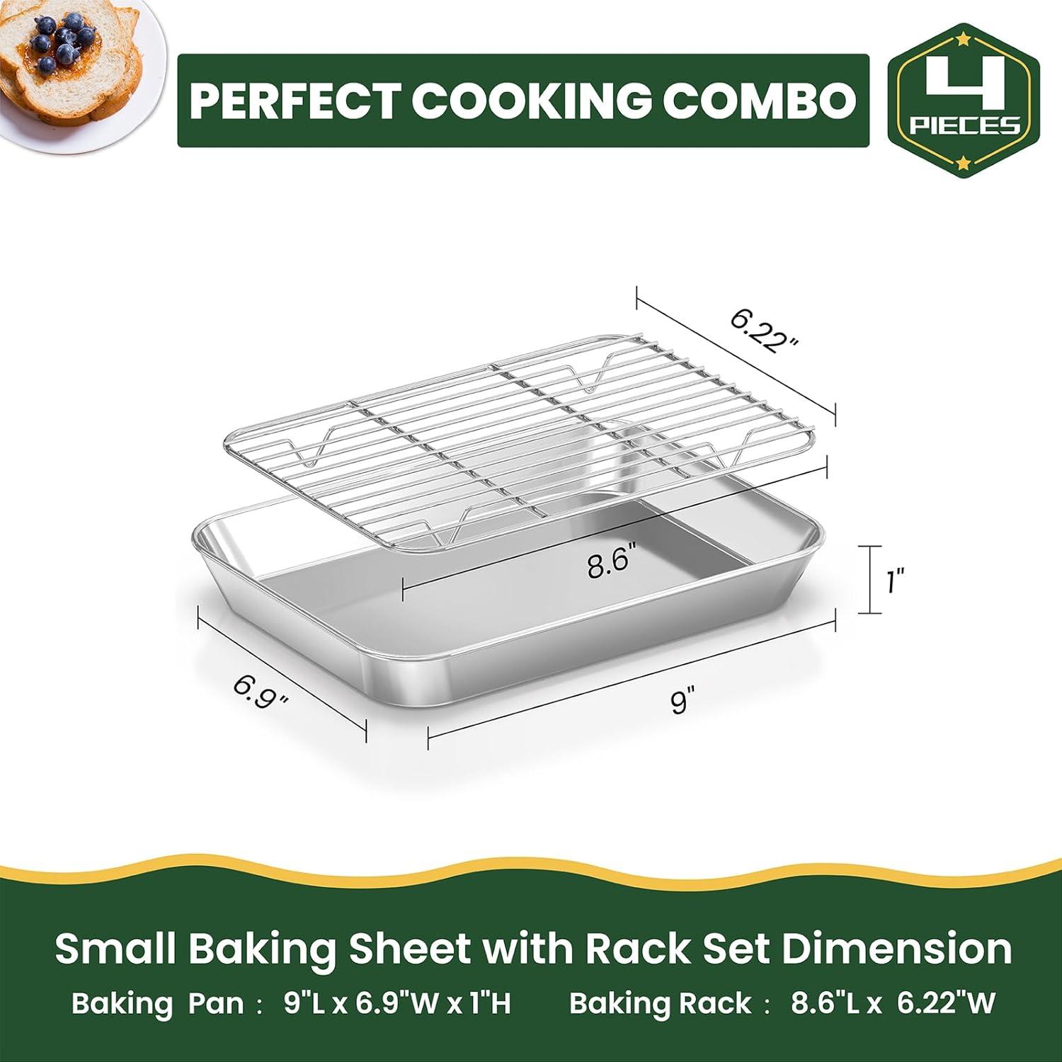 Baking Sheet with Rack Set [2 Pans + 2 Racks ] HKJ Chef Stainless Steel Cookie Sheet Baking Pan Tray with Cooling Rack, Size 9x7x1 Inch, Non Toxic & Heavy Duty & Easy Clean