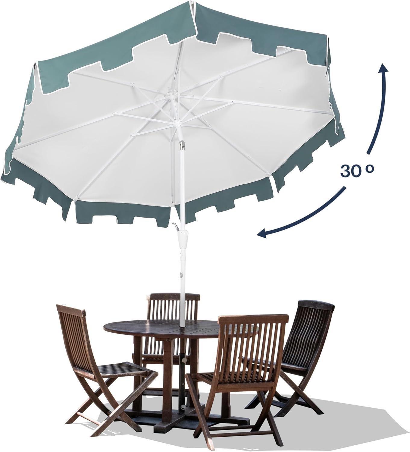 JONATHAN Y Baiona 9 ft. Classic MidCentury Market Patio Umbrella with UV Protection, Auto-Tilt, Crank and Wind Vent in White/Green