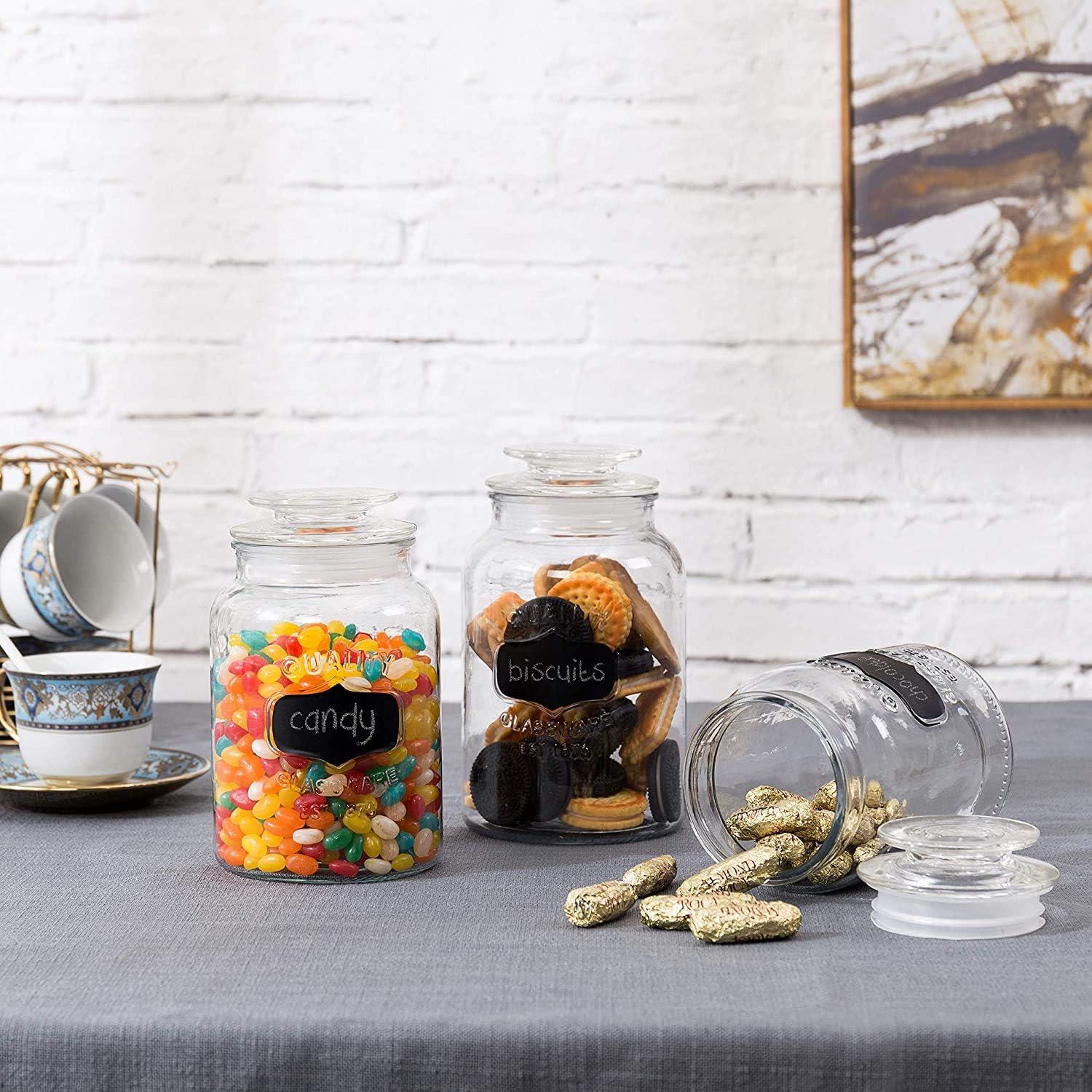 Glass Canister Set for Kitchen or Bathroom with Airtight Lid and Chalkboard Labels, Apothecary Glass Food Storage Jars,Set of 3 Cookie Jars, Candy, Coffee, Cereal & More, Clear Storage Containers!