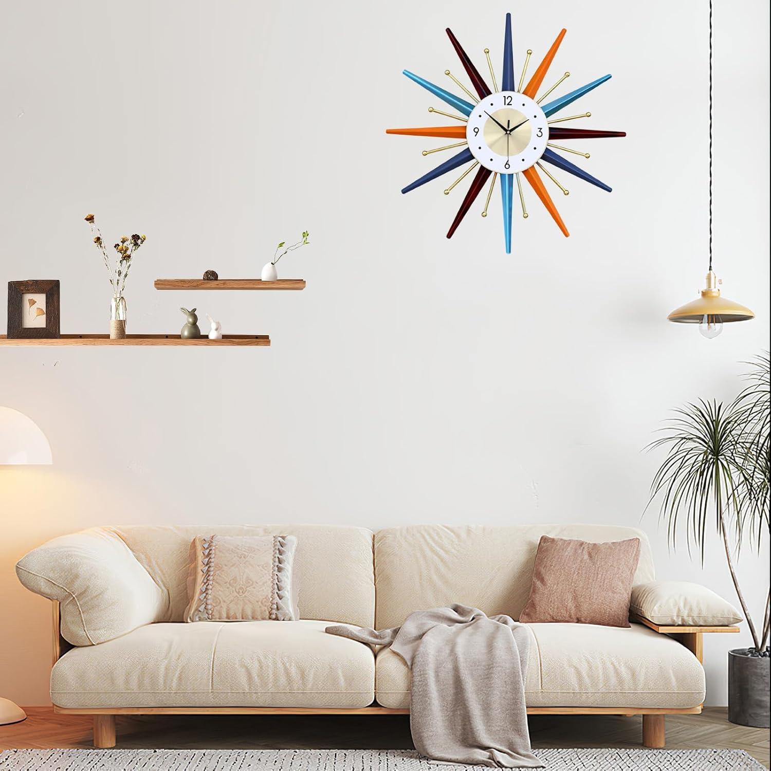 Colorful Mid-Century Modern Starburst Silent Wall Clock