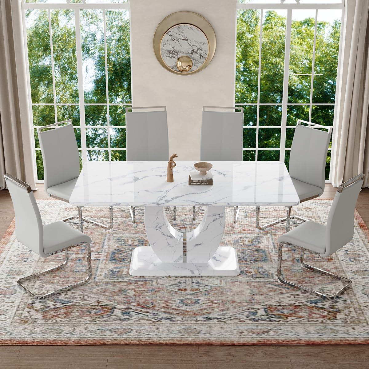 Modern White Faux Marble Dining Table Set with 6 Gray PU Leather Chairs