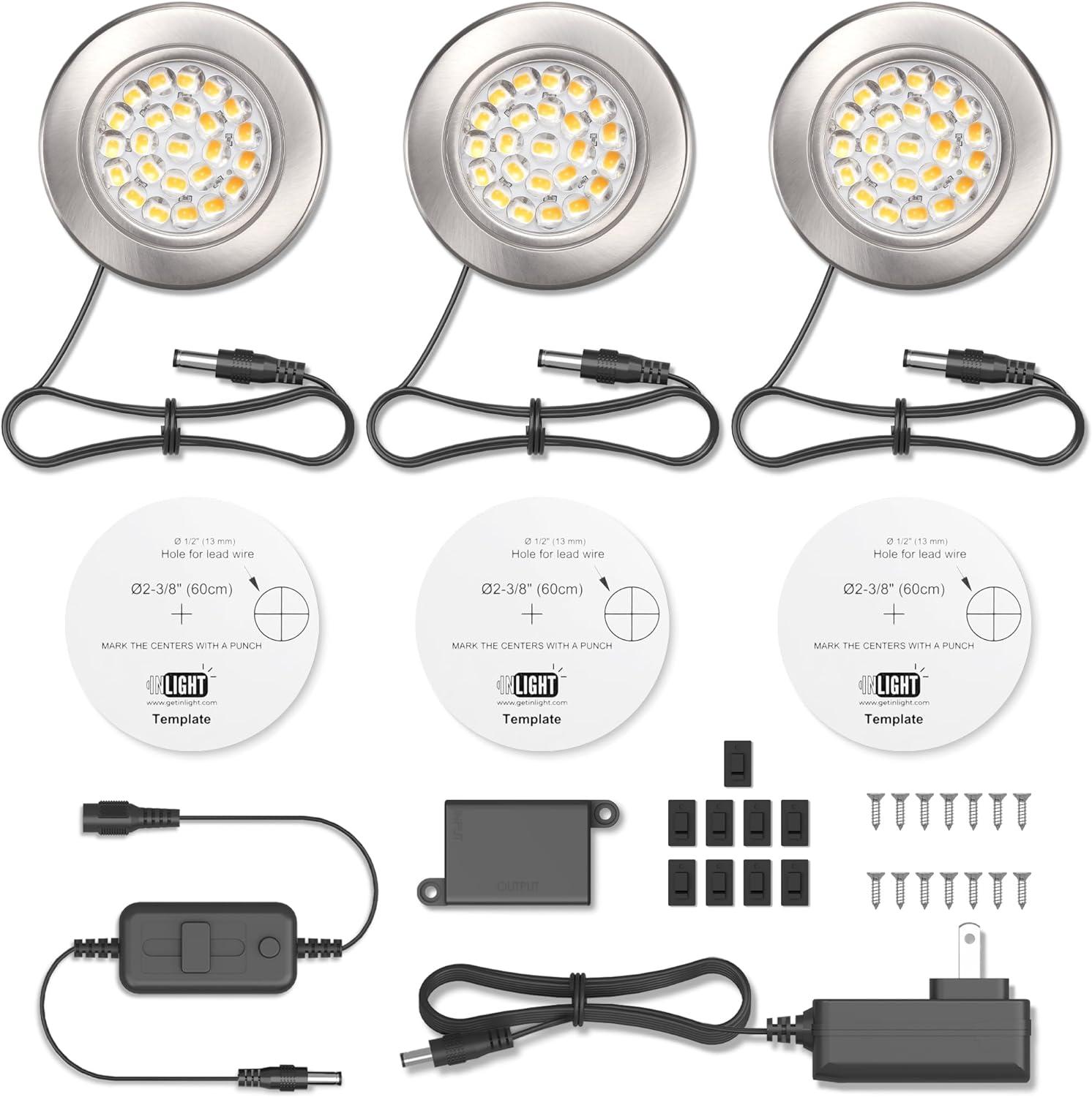 Inlight 2.6" Wide 3000K Dimmable LED Puck Lights Kit, 3 Packs