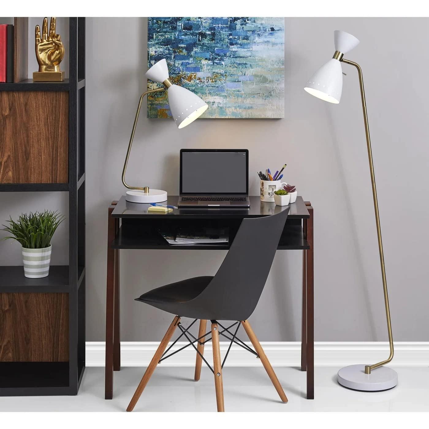 Adesso Oscar Floor Lamp, White with Antique Brass