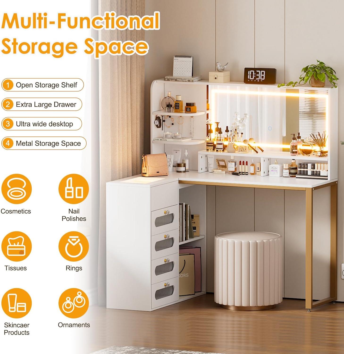 PAKASEPT Vanity Set with Lighted Mirror, Vanity Desk Makeup Vanity with 3-Color Adjustable Touch Light, 5 Drawers, Storage Shelves,Large Bedroom Vanitys for Women Girls