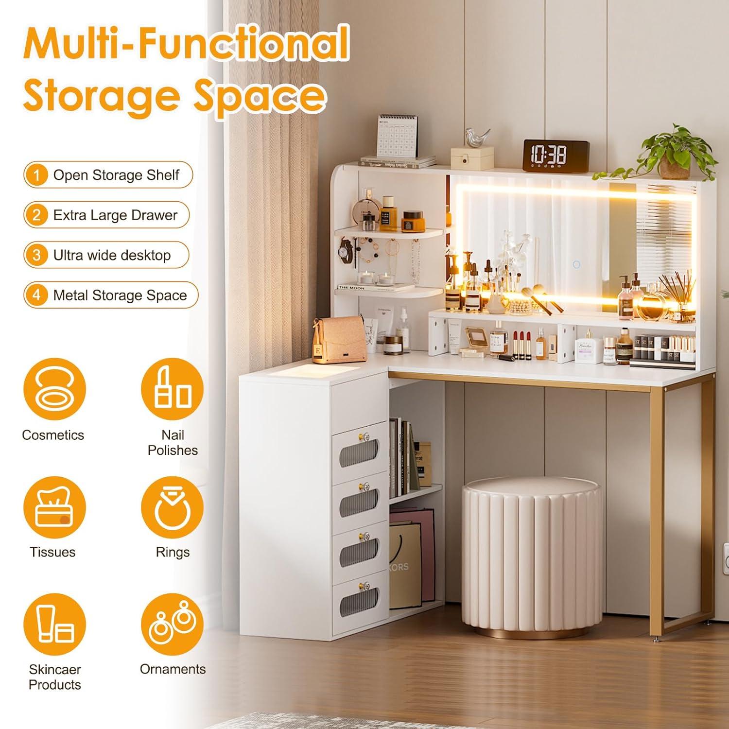 PAKASEPT Vanity Set with Lighted Mirror, Vanity Desk Makeup Vanity with 3-Color Adjustable Touch Light, 5 Drawers, Storage Shelves,Large Bedroom Vanitys for Women Girls