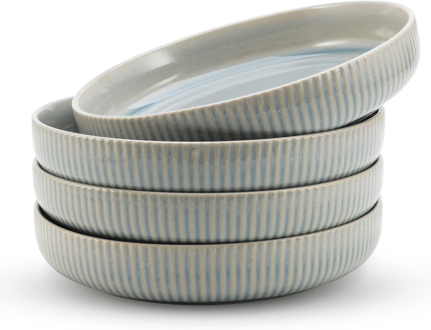 American Atelier Large Pasta Bowls, 42 oz Wide Shallow Stoneware Salad Bowl Set, Plates for Serving Dinner, Kitchen, and Eating, Set of 4,Light Blue