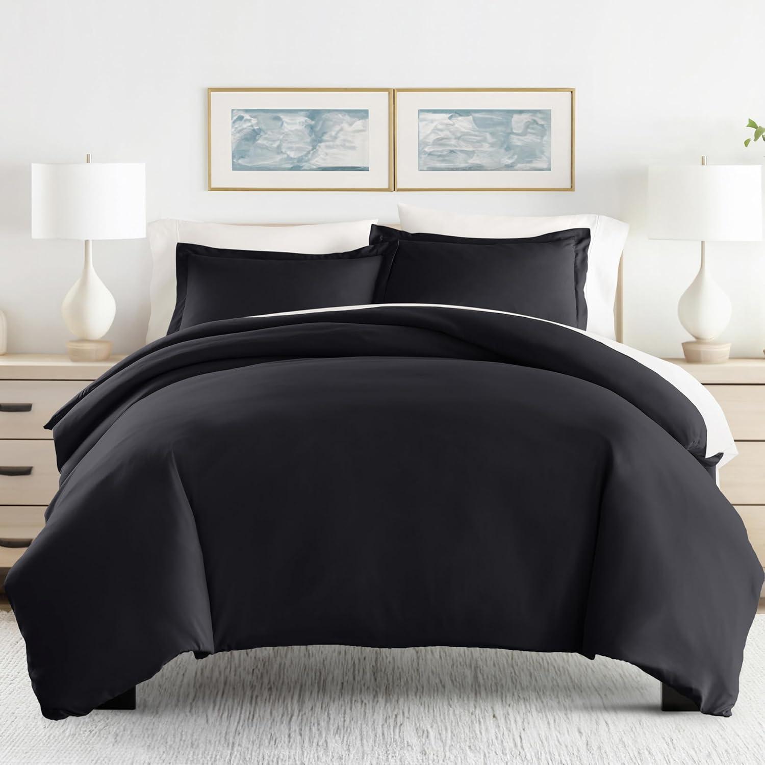 Black Twin Soft Brushed Microfiber Duvet Cover Set