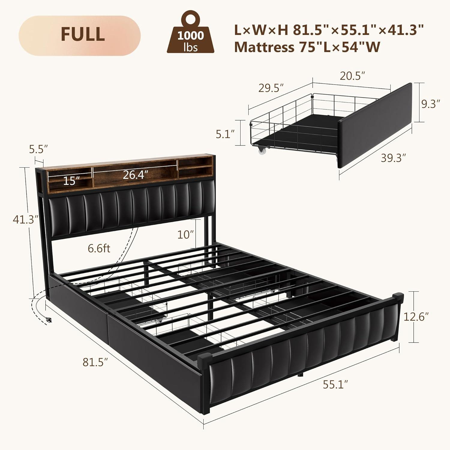 Kanchi Upholstered Metal Platform LED Bed Frame with 4 Storage Drawers and Bookcase Headboard, Black