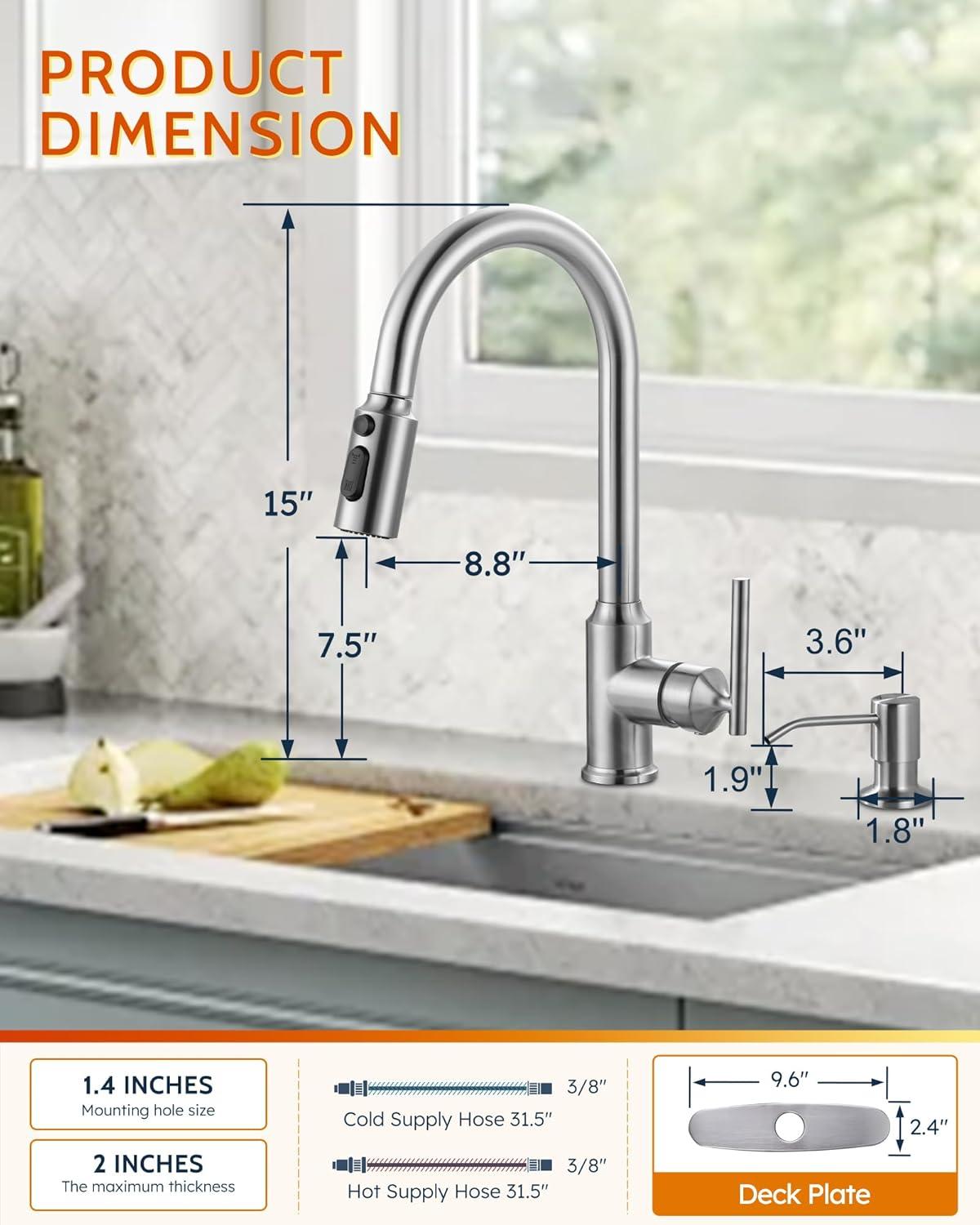 Brushed Nickel Stainless Steel Pull Down Kitchen Faucet with Soap Dispenser