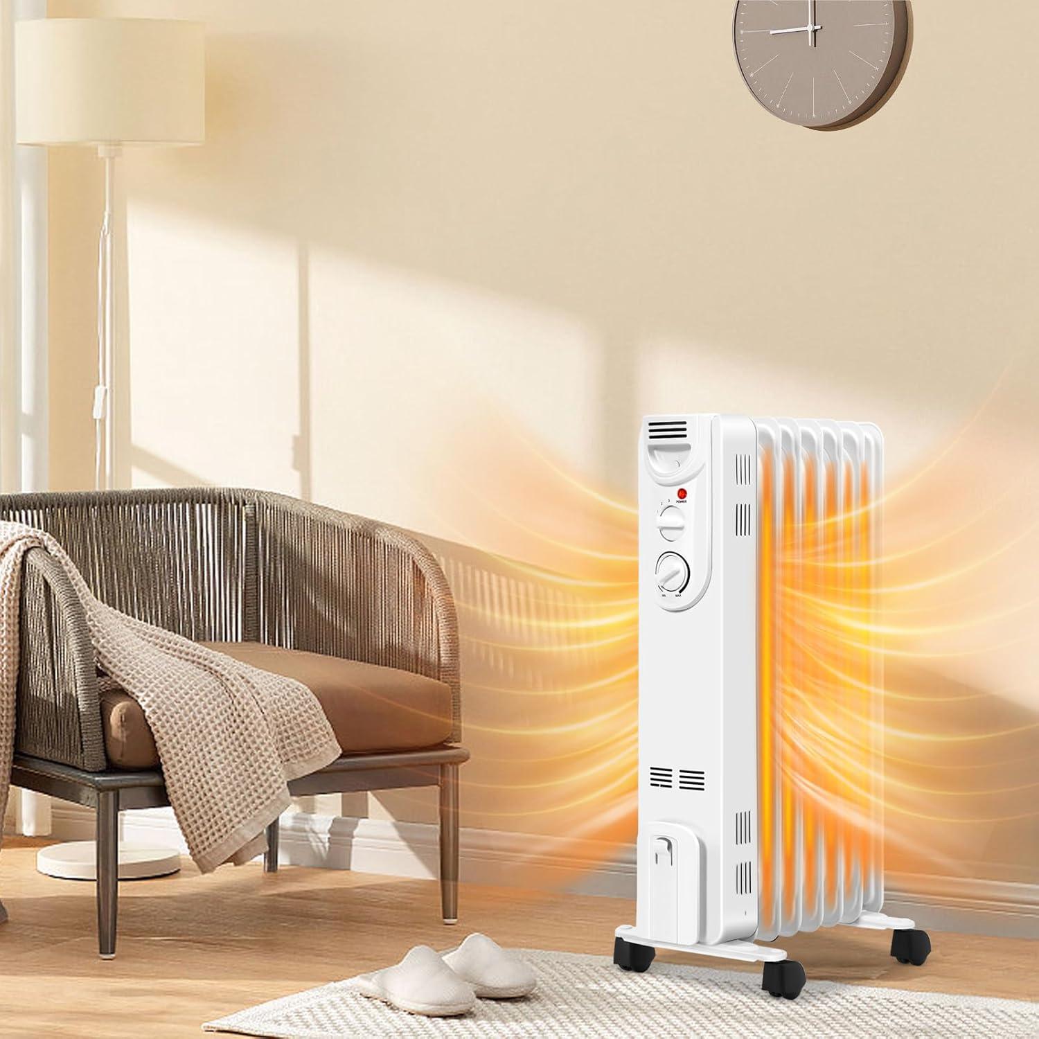 Nestora Oil Filled Radiator Heater, 1500W Portable Space Heater with Adjustable Thermostat, Tip-over & Overheated Protection, 3 Heat Settings with Quiet Operation, Electric Heater for Home and Office