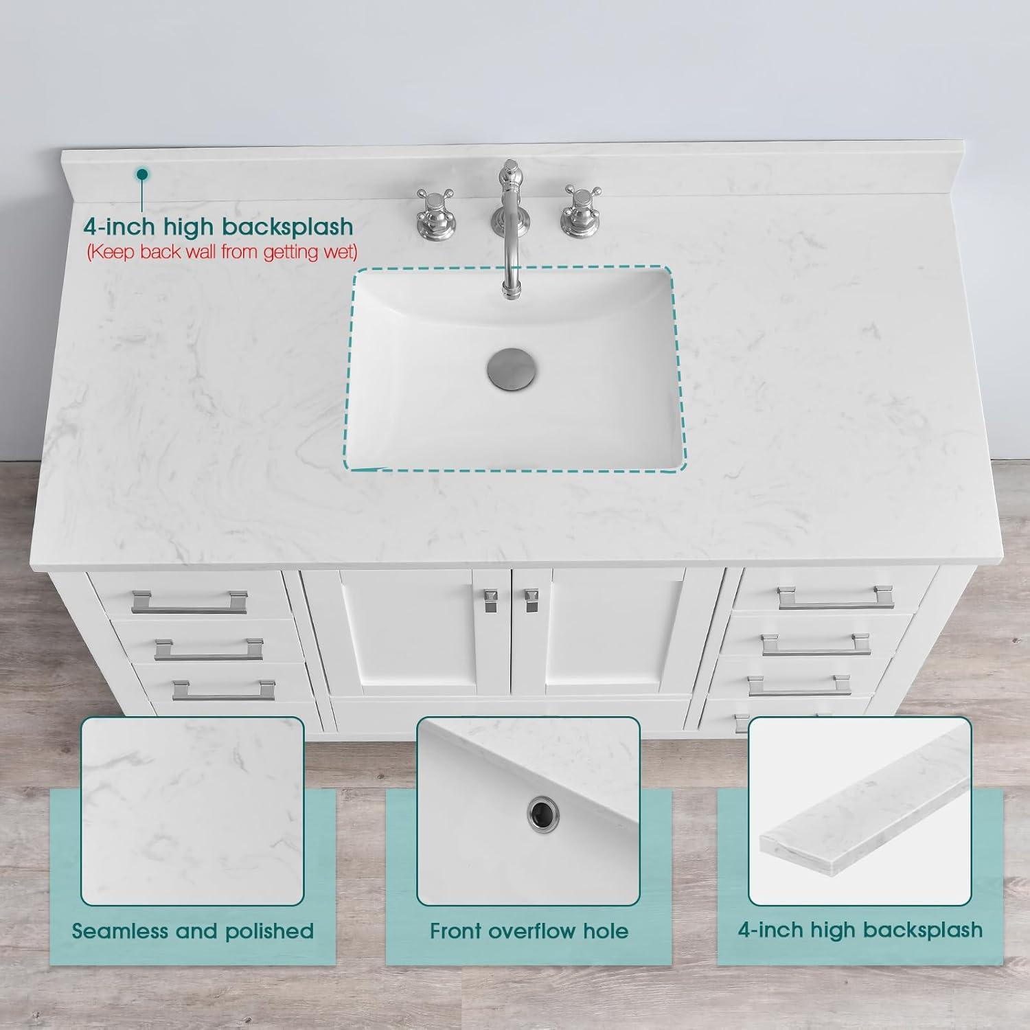 48" White Engineered Stone Vanity Top with Center Sink