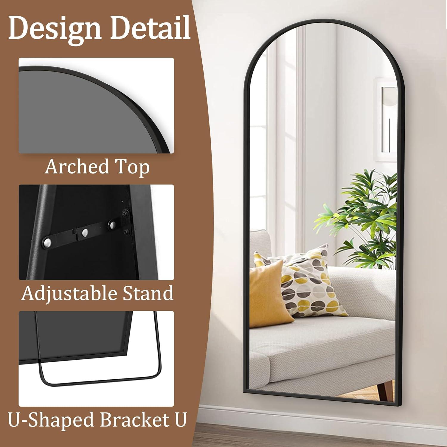 Full Body Mirror with Stand, 71" x 32" Arched Full Length Mirror with Aluminum Alloy Frame Wall-Mounted/Leaning Against Wall/Floor Standing Mirror for Home Decor, Black