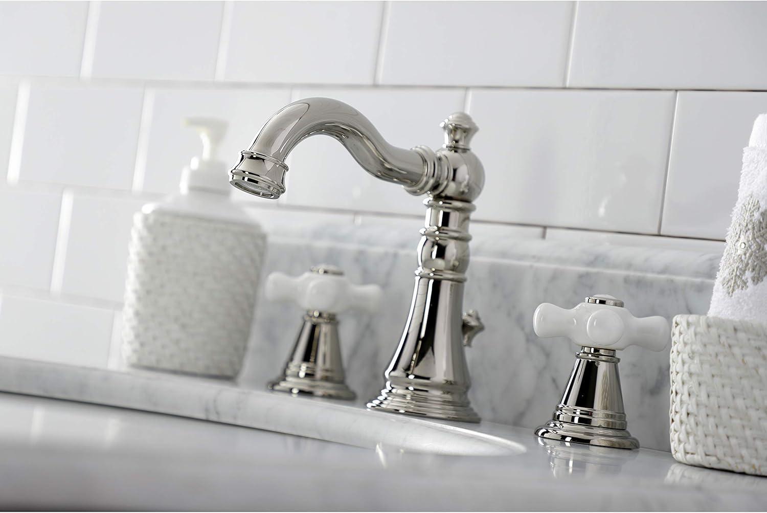 Kingston Brass American Classic Two-Handle 3-Hole Deck Mount Widespread Bathroom Faucet with Pop-Up Drain