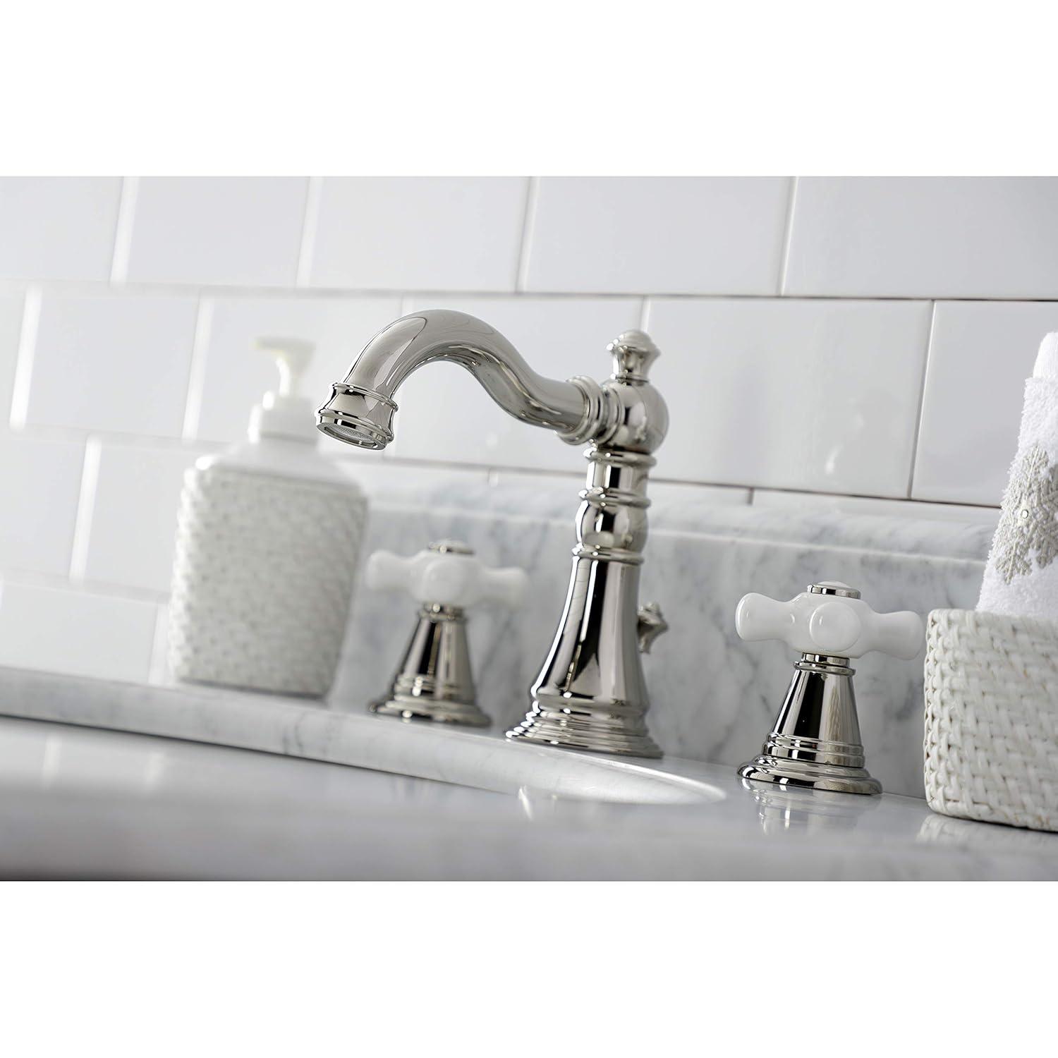 Kingston Brass American Classic Two-Handle 3-Hole Deck Mount Widespread Bathroom Faucet with Pop-Up Drain