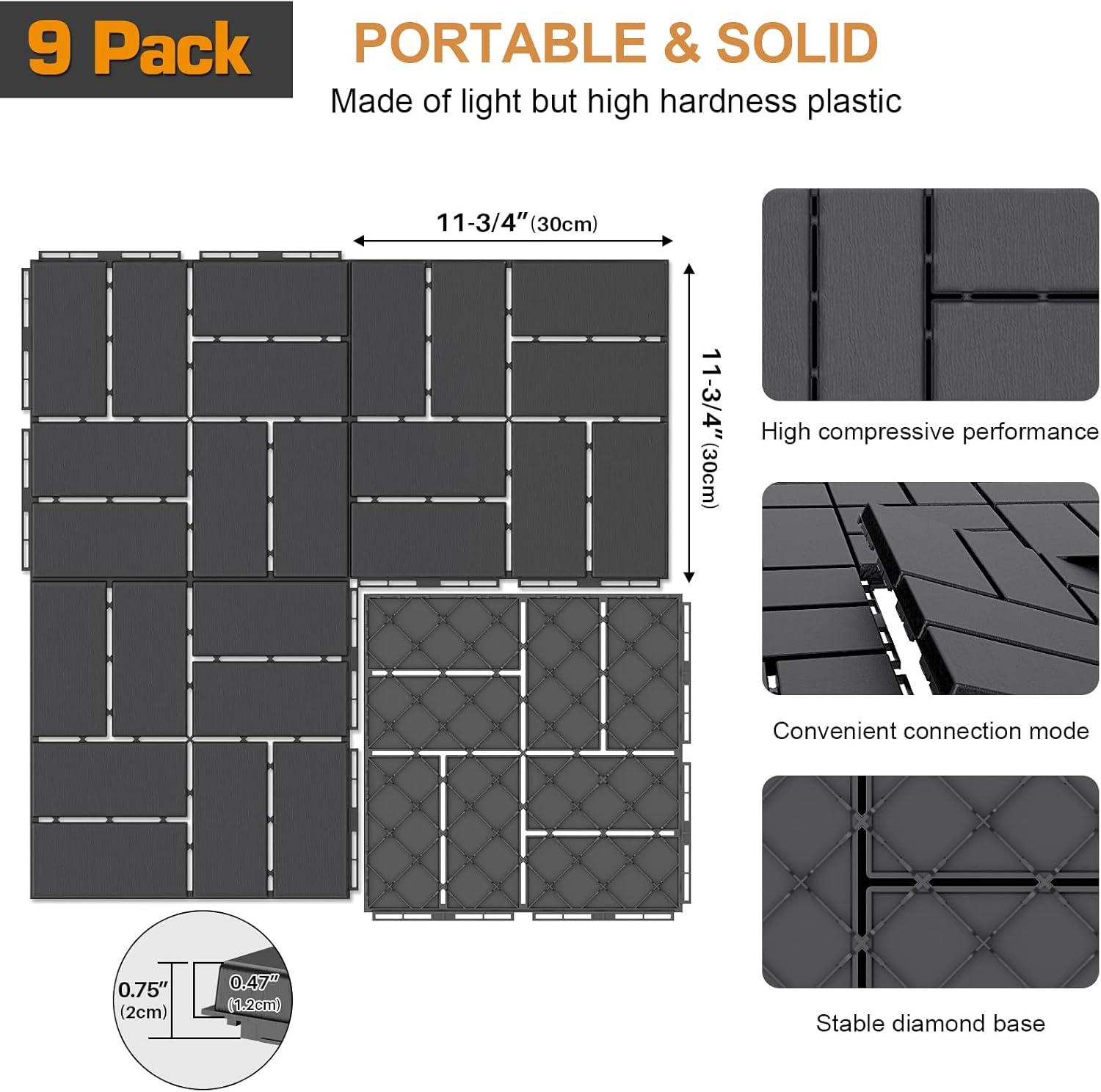 Dark Gray 12"x12" Interlocking Waterproof Deck Tiles, 9 Pack