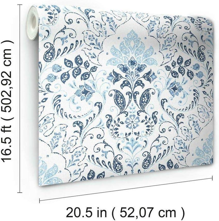 Blue and White Vinyl Damask Peel and Stick Wallpaper