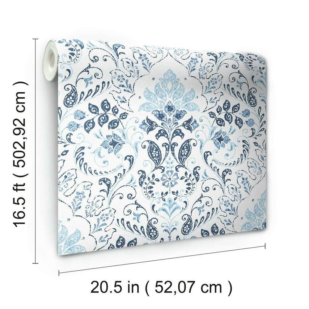 Blue and White Vinyl Damask Peel and Stick Wallpaper