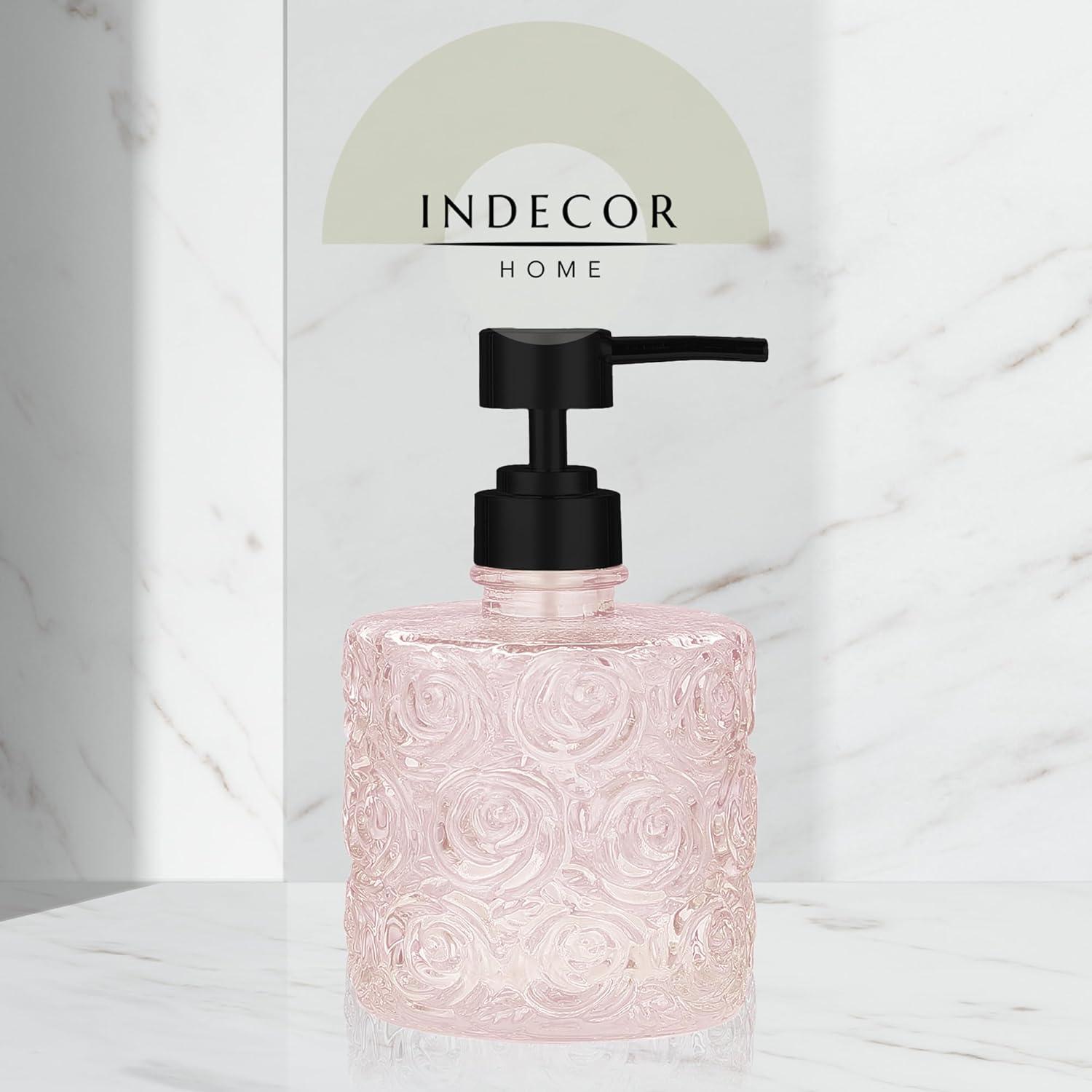 Marcella Glass Soap Dispenser with Soap Pump, Refillable 14 Ounce Capacity, Floral Design Rose Patterns, Heavy Weight Thick Glass for Bathroom, Premium Kitchen Soap Dispenser Peach Blush