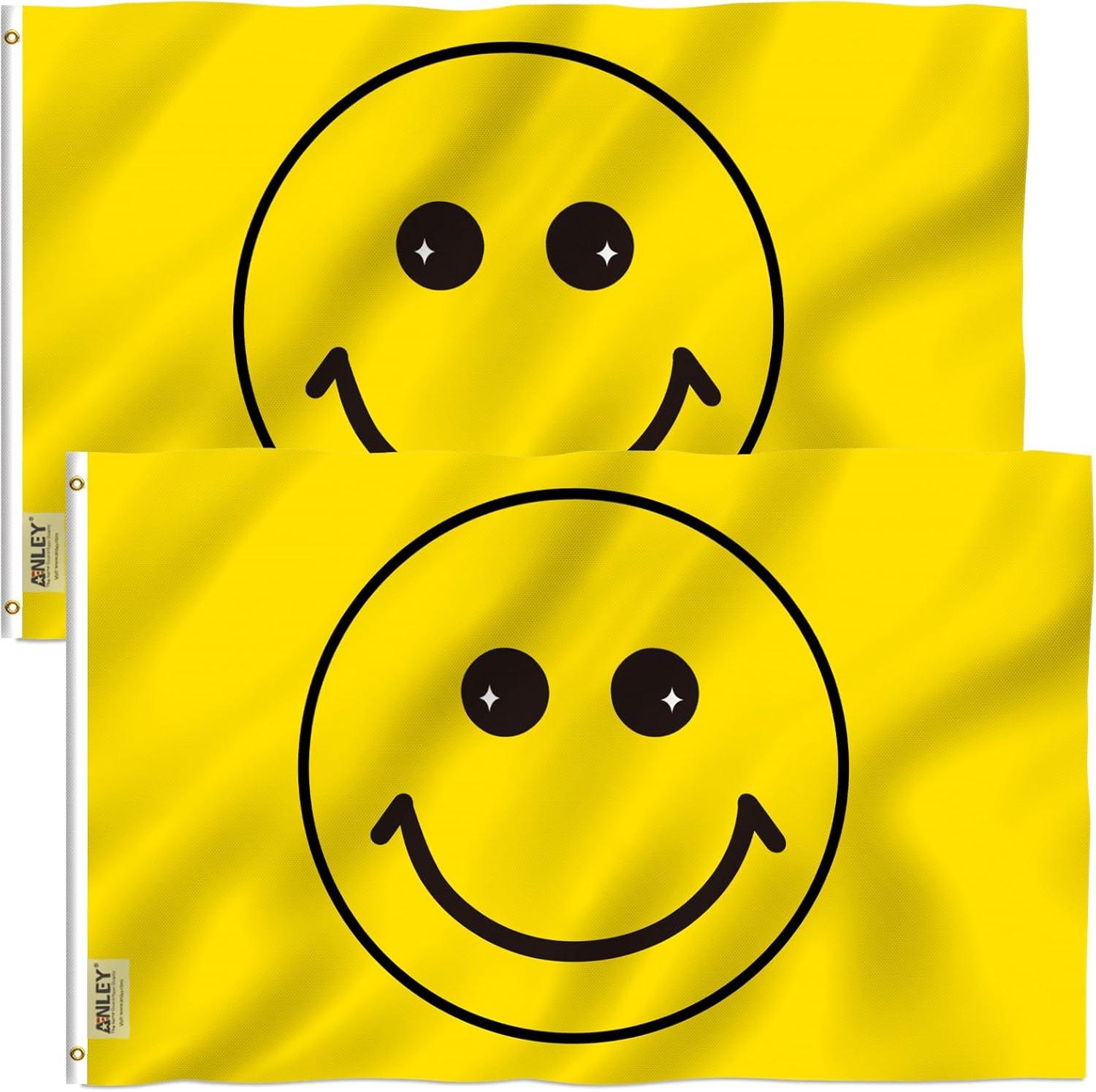 Yellow Polyester 3x5 Foot Happy Face Flag with Grommets, 2-Pack