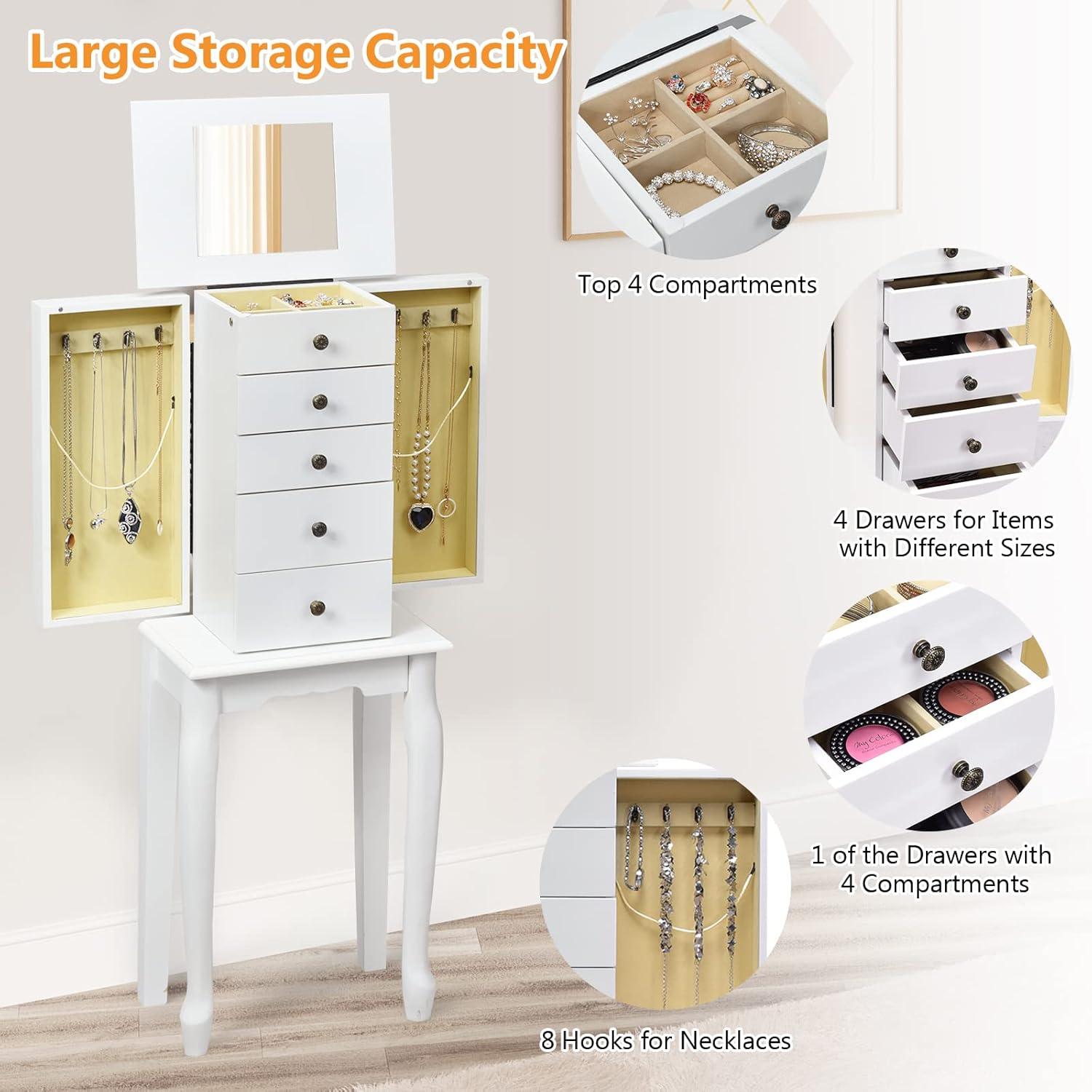 Standing Jewelry Cabinet Armoire with Top Flip Mirror, Jewelry Box Chest with 4 Drawers, Top Compartments, 8 Necklace Hooks and 2 Side Doors, White