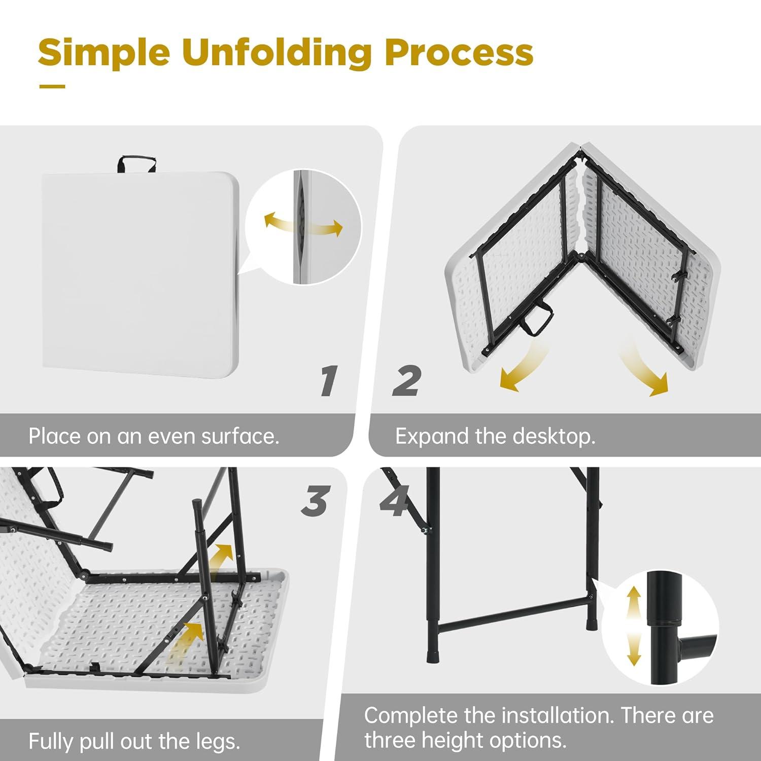 4 ft Portable Folding Table, Idustrial Heavy-Duty Foldable Table, HDPE Plastic Table, with Carrying Handle, Locks, Stright Legs for Indoor & Outdoor Party, Barbeque, Camping, Board Games - White