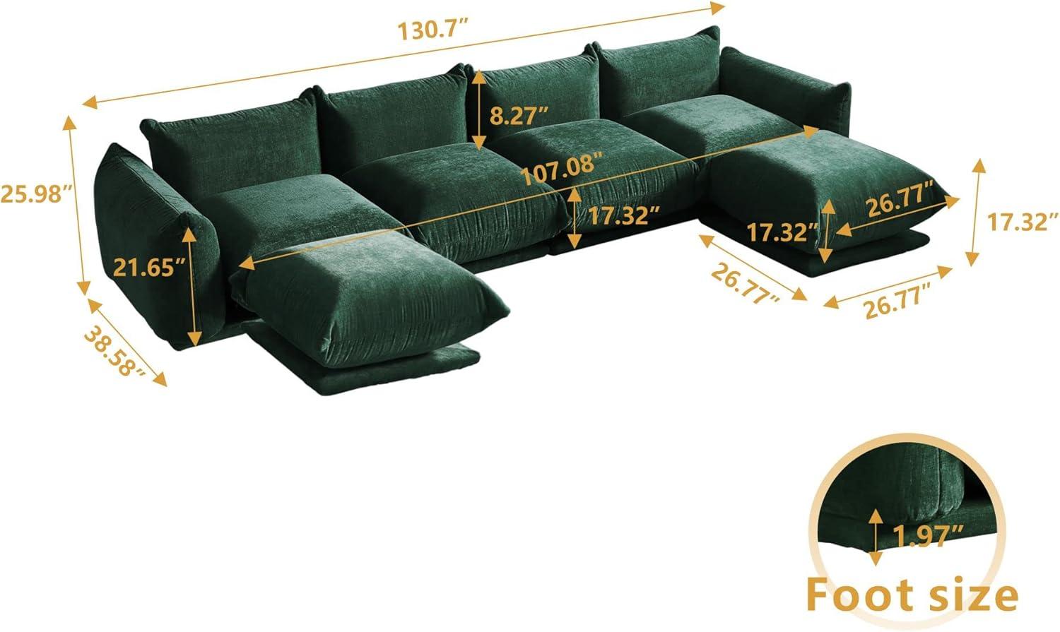 U-Shaped Sectional Sofa,Chenille Minimalist Modular Sofas Couches,6-Seater Sectionals Couch with Wide Reversible Chaise Ottoman for Living Room ,Green