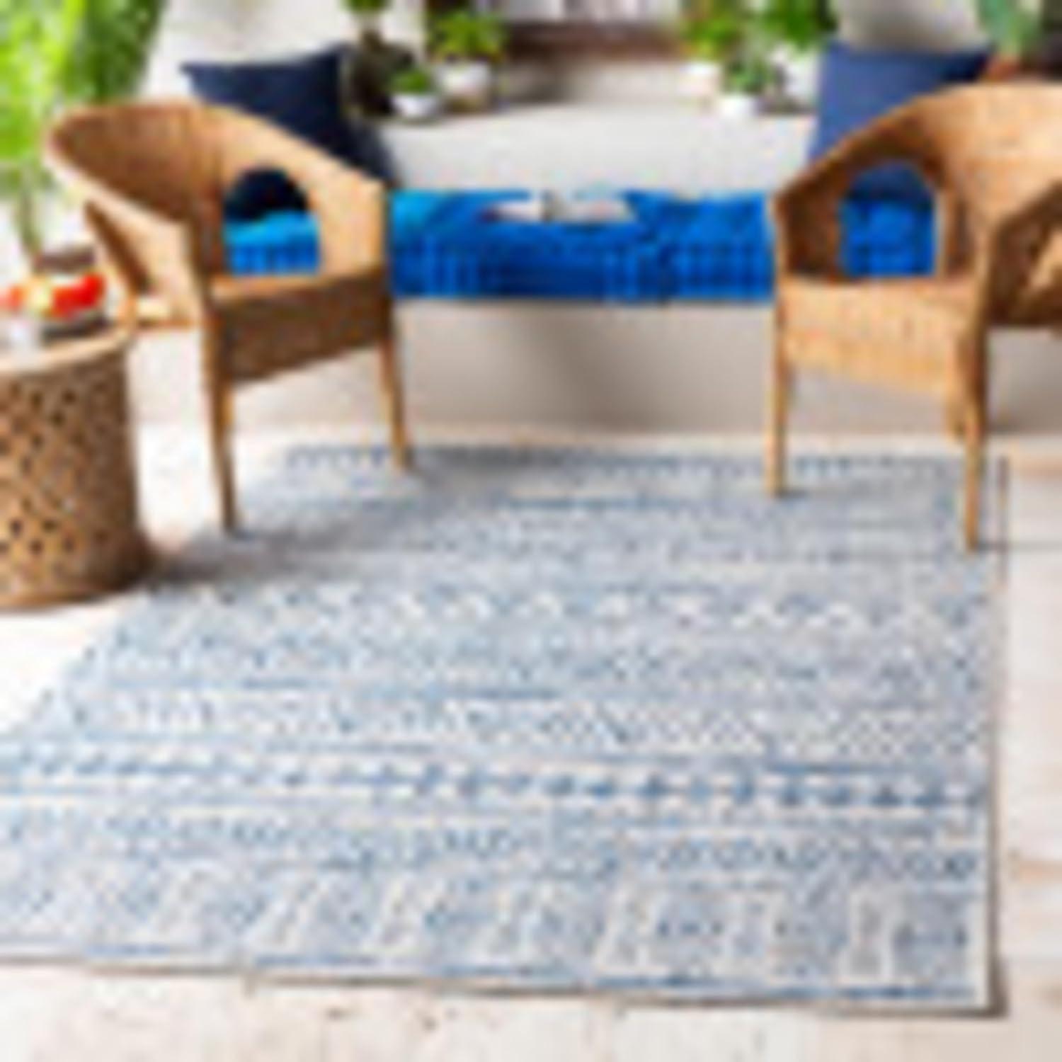 Livabliss Eagean Global Indoor/Outdoor Area Rug,6'7" Square,Denim/Cream