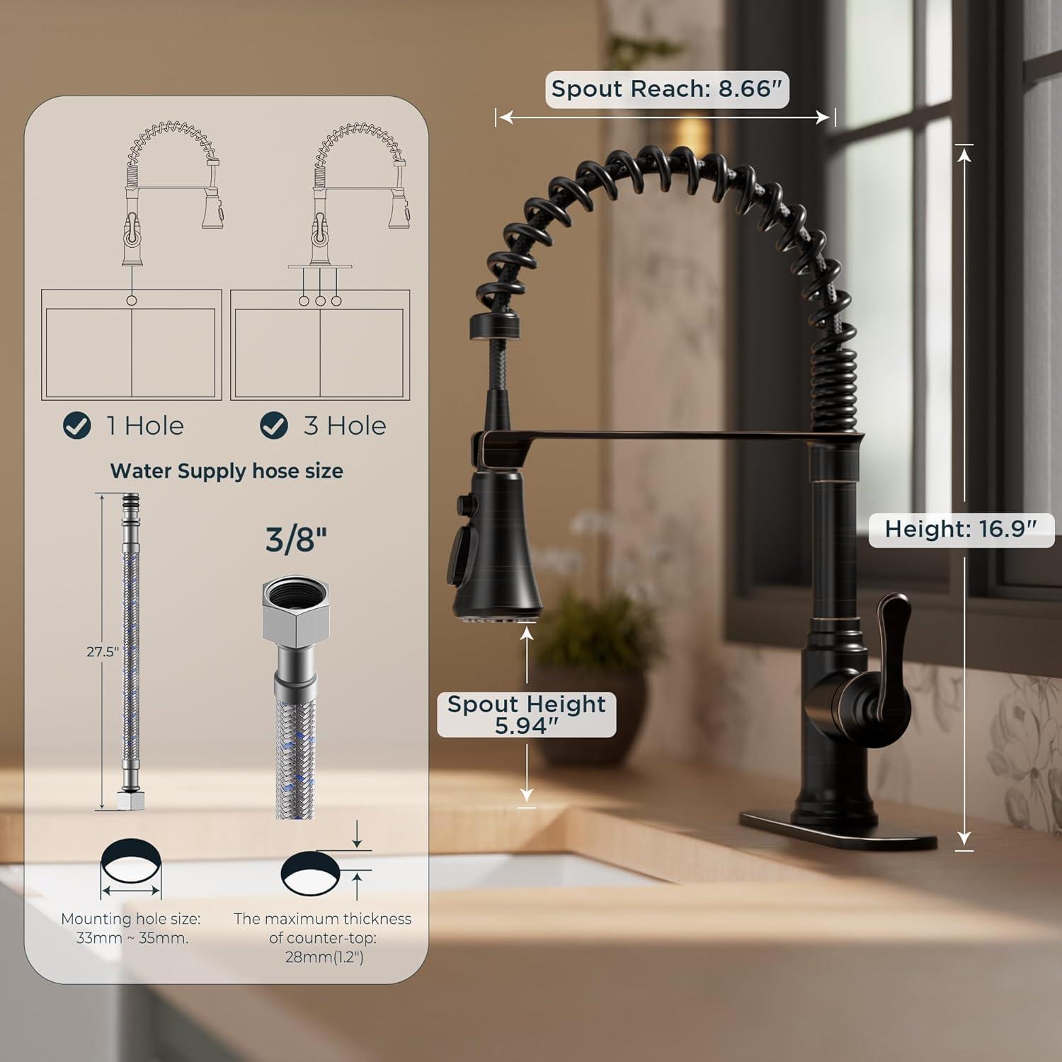 FORIOUS Rustic Kitchen Faucet with Pull Down Sprayer Oil Rubbed Brown, 3 Modes Stainless Steel High Arc Vintage Spring Sink Faucet 1 or 3 Holes for Pot Filler, Farmhouse Camper Wet Bar