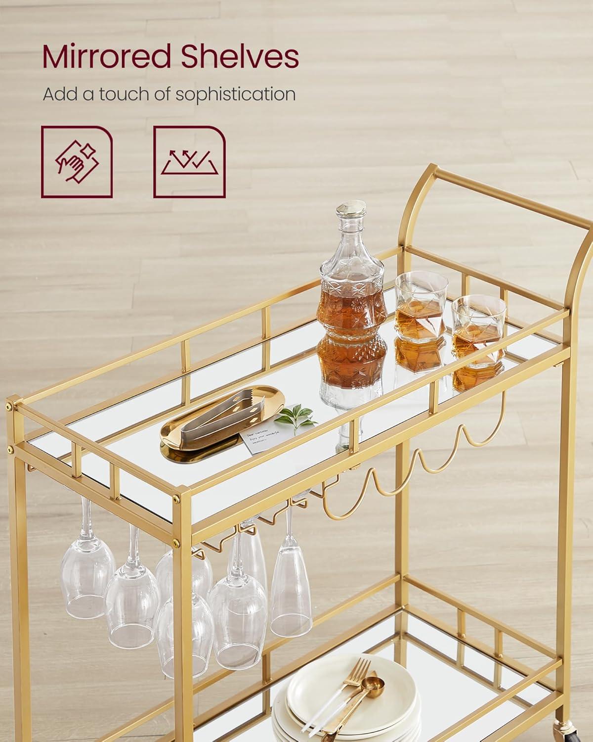 VASAGLE Bar Cart Gold, Home Bar Serving Cart, Wine Cart with 2 Mirrored Shelves, Wine Holders, Glass Holders, for Kitchen, Dining Room, Gold ULRC092A62