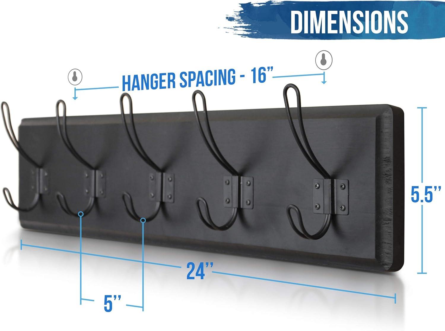 HBCY Creations Rustic Coat Rack with 5 Hooks - Black Wall Mount 24" Coat Rack - Solid Pine Wood Entryway Hanger - Farmhouse Coat Rack for Kitchen, Bedroom