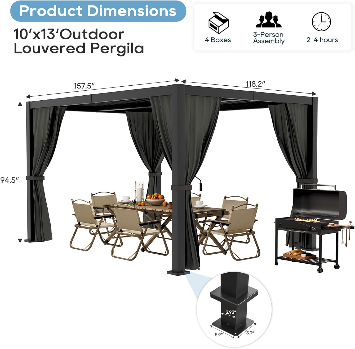 10' ×13' Outdoor Louvered Pergola with Curtain, Aluminum Outdoor Louvered Pergola Patio with Adjustable Roof, Hardtop Metal Gazebo for Patio, Backyard, Garden(Black, 10x13 with Curtain)