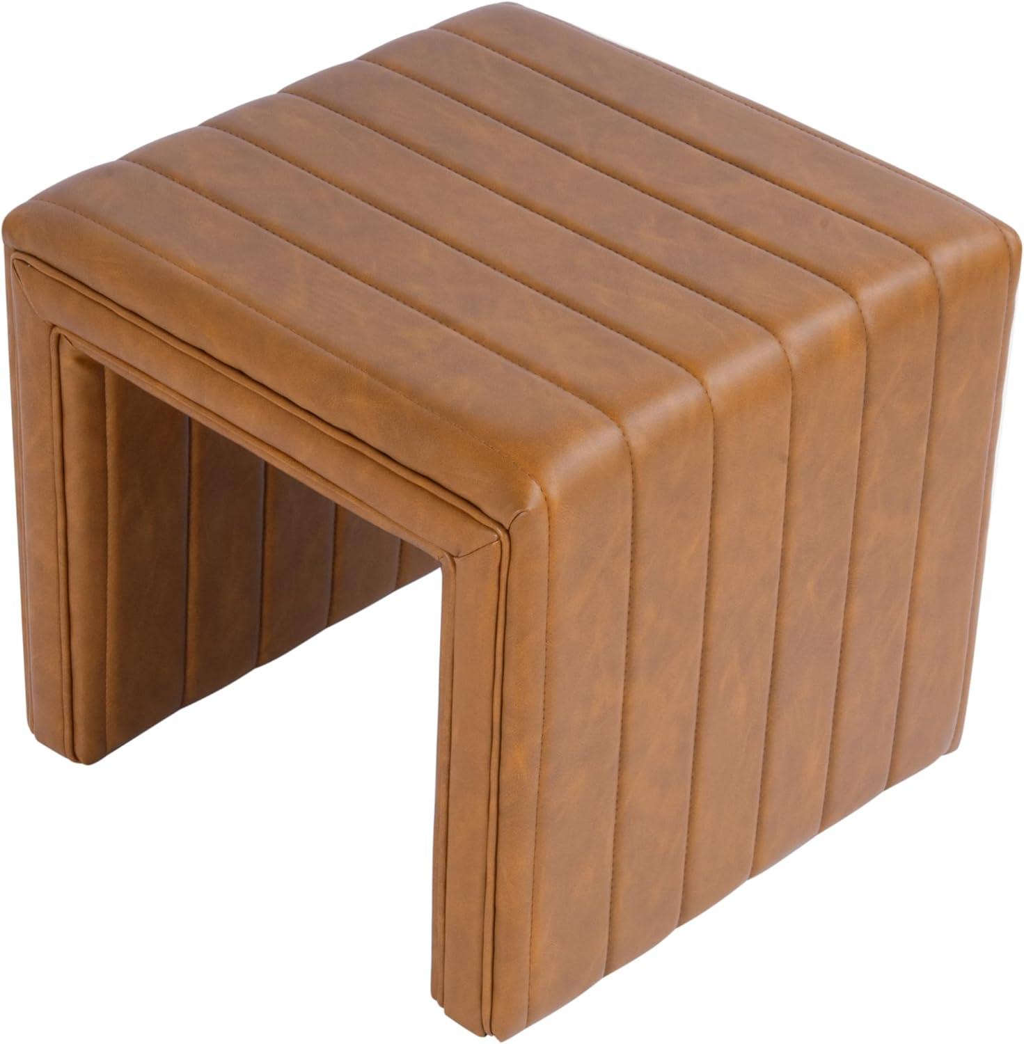 Modern Channel Ottoman Caramel Faux Leather - HomePop: Upholstered Rectangle, No Assembly Required