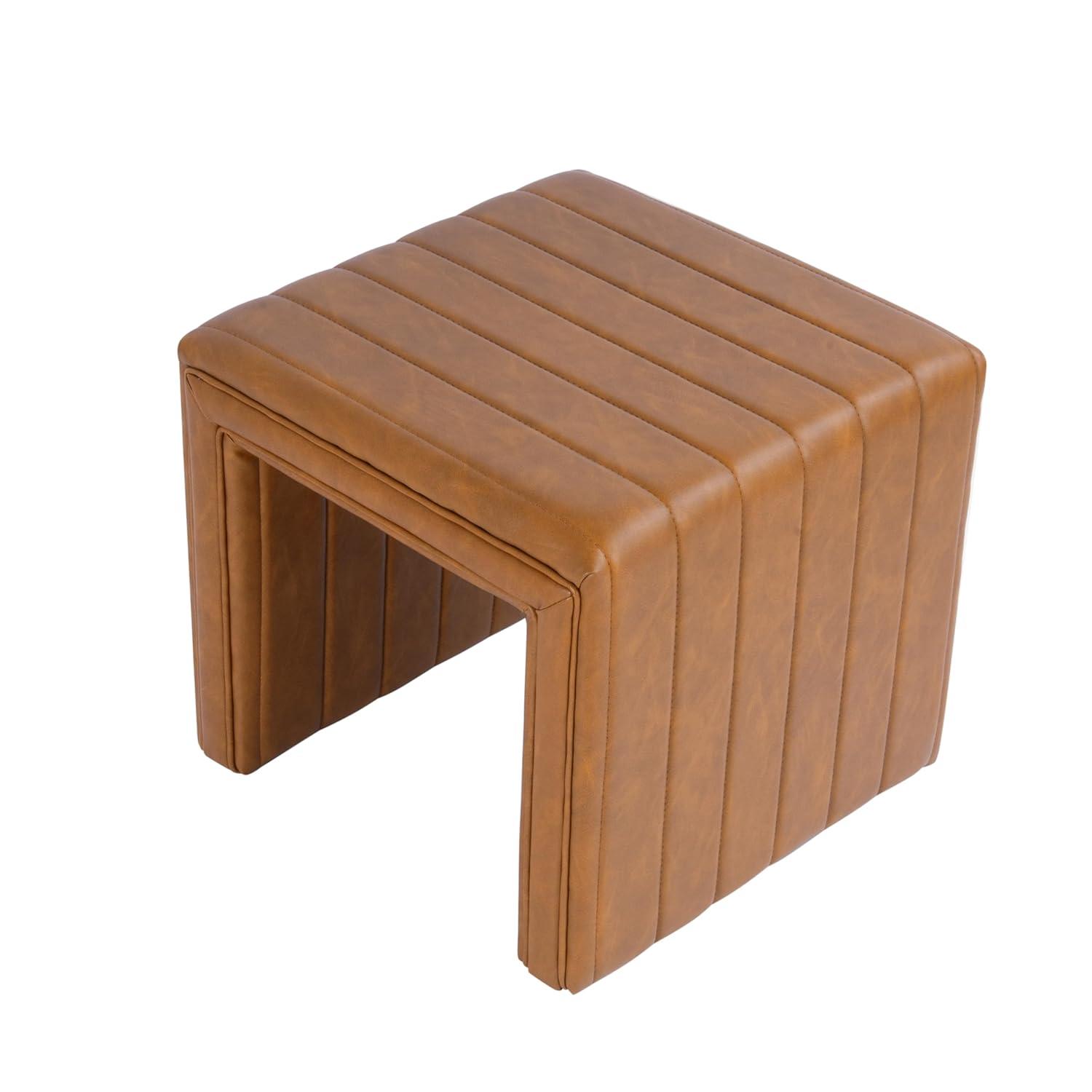 Modern Channel Ottoman Caramel Faux Leather - HomePop: Upholstered Rectangle, No Assembly Required