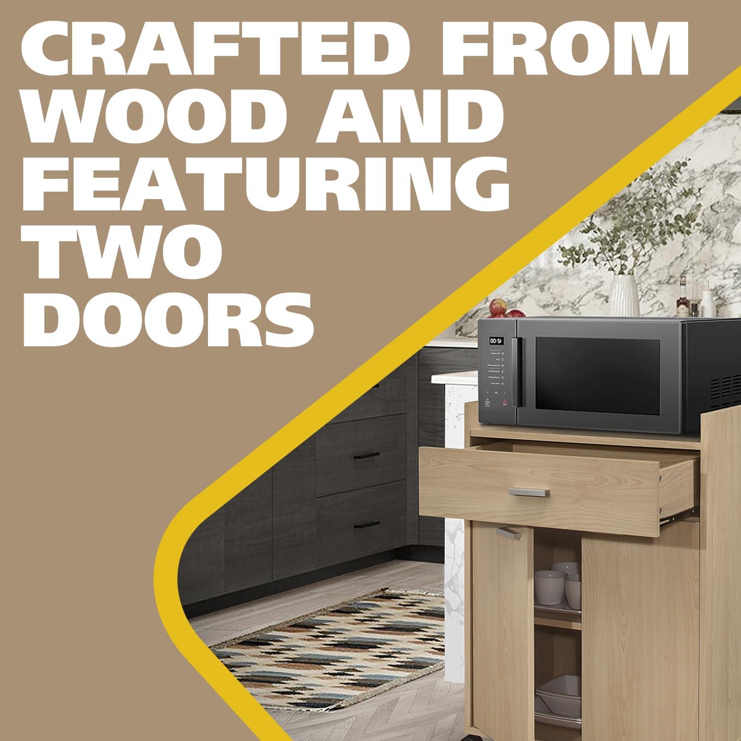 Kings Brand Furniture Northbury 2-Door Microwave Accent Kitchen Cabinet Rolling Cart (Beech)