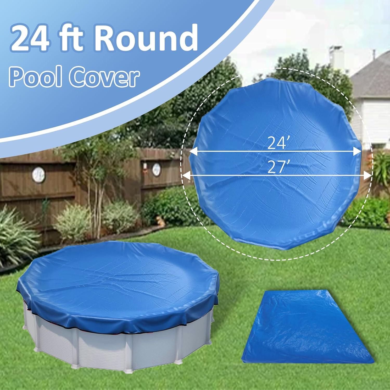 24ft Round Blue Above Ground Pool Cover with Steel Cable