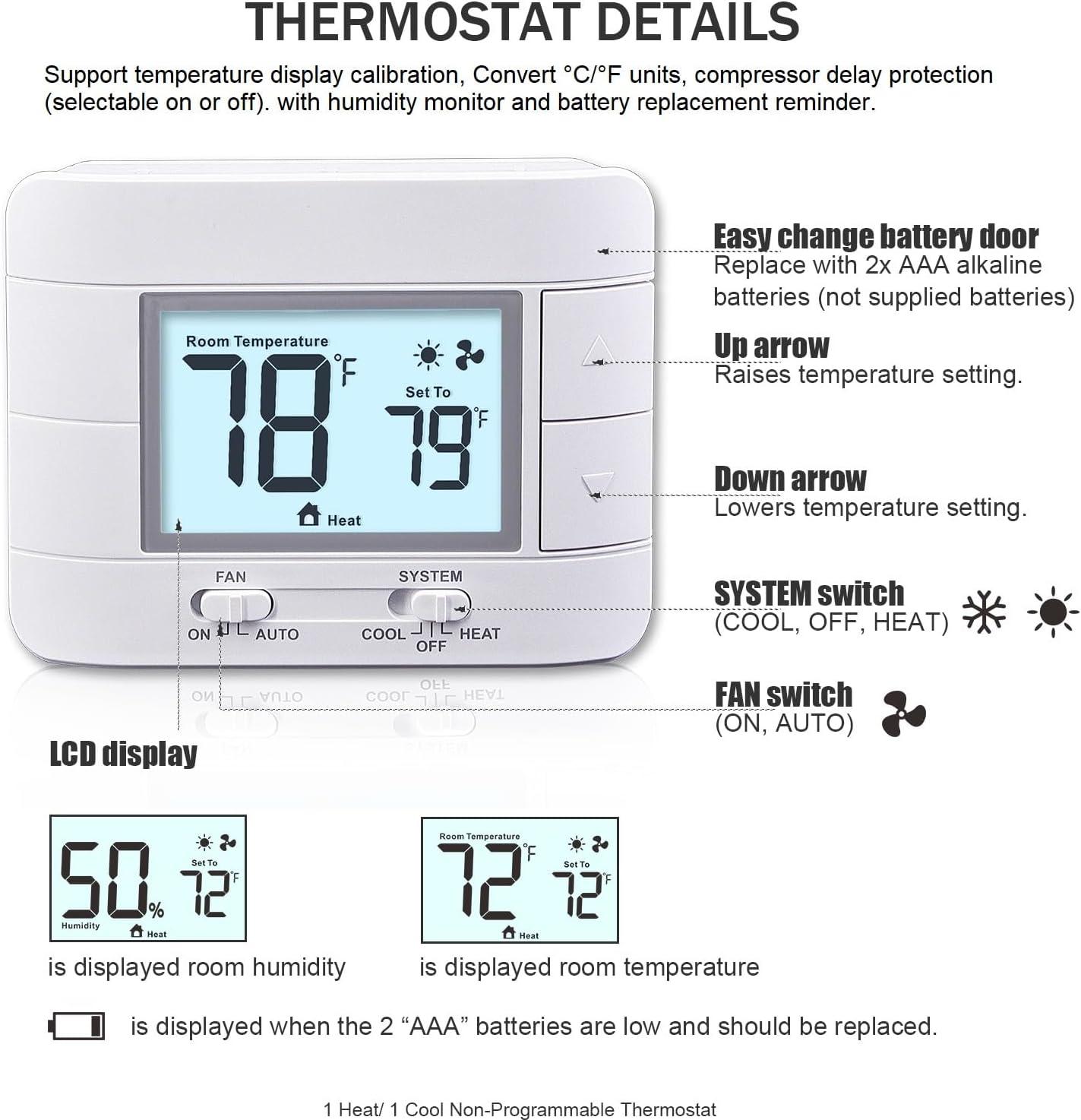Non Programmable Thermostat for Home 1 Heat/ 1 Cool Single-Stage System, with Room Temperature Monitor (LCD White Backlit Screen)