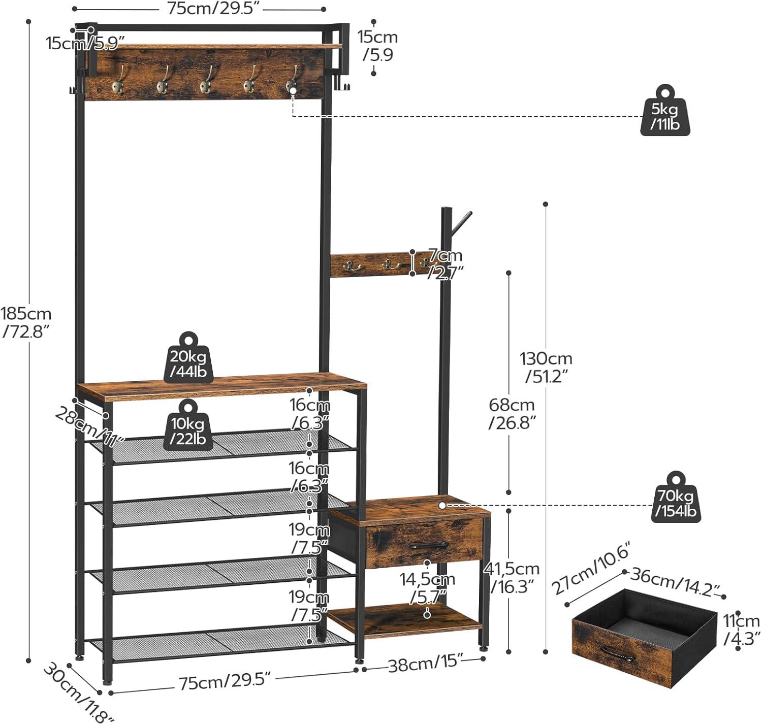 VASAGLE Hall Tree Entryway Coat Rack with Shoe Bench Rustic Walnut and Black