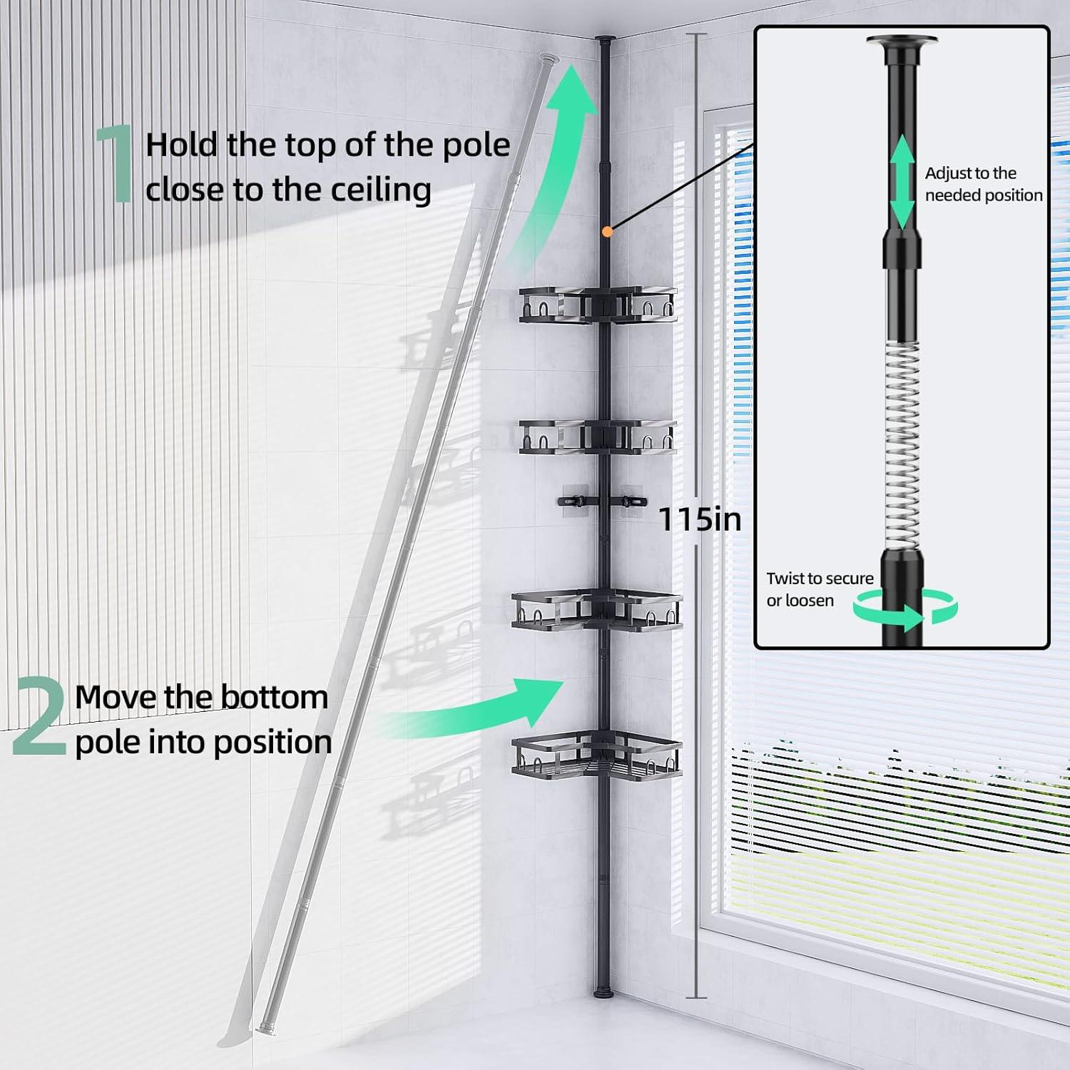 Corner Shower Caddy Tension Pole - 62-115INCH - 4-Tier Rustproof Bathroom Organizer Shelves, Adjustable Bathtub Tub Shampoo Storage
